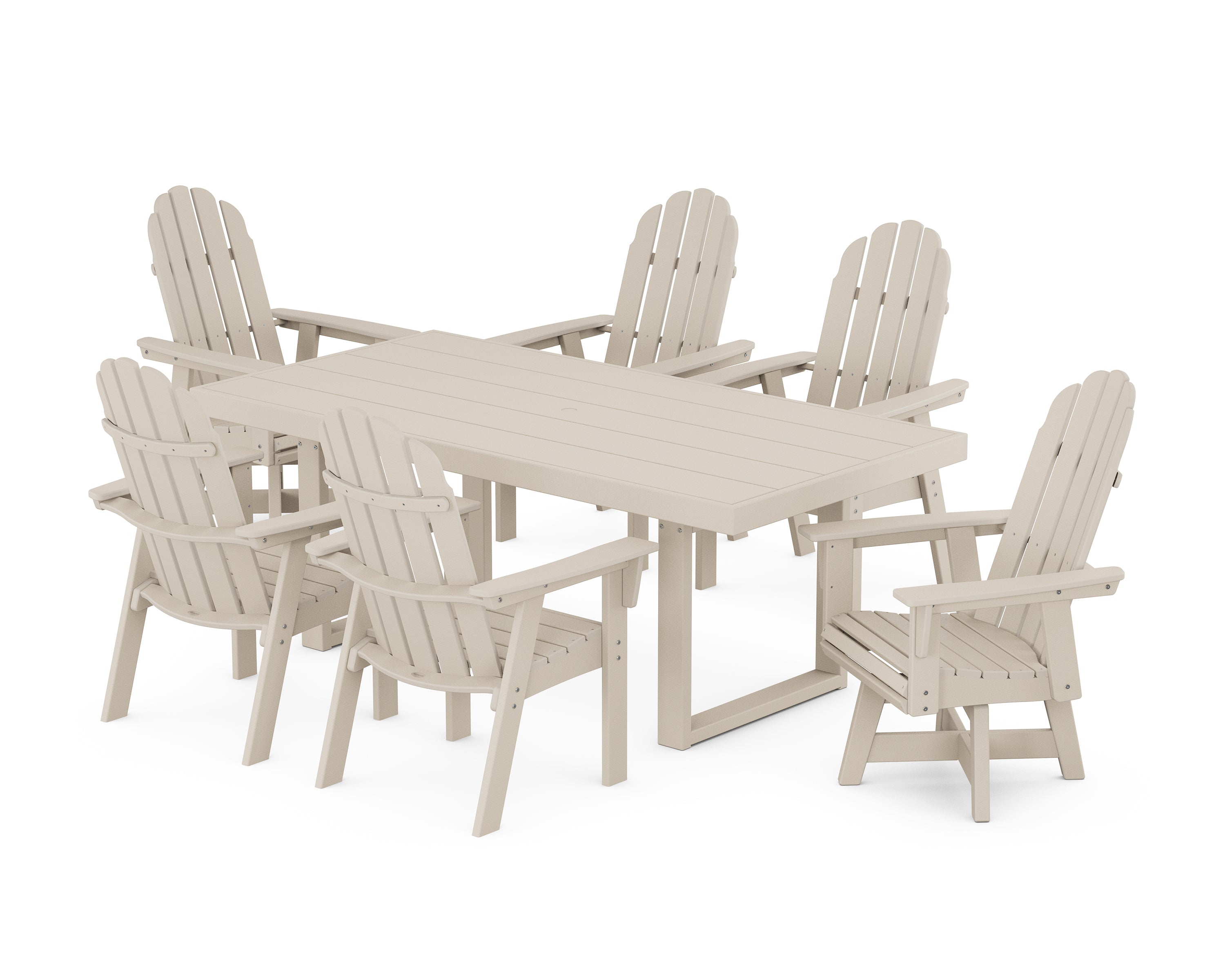 POLYWOOD® Vineyard Curveback Adirondack Swivel Chair 7-Piece Dining Set in Sand