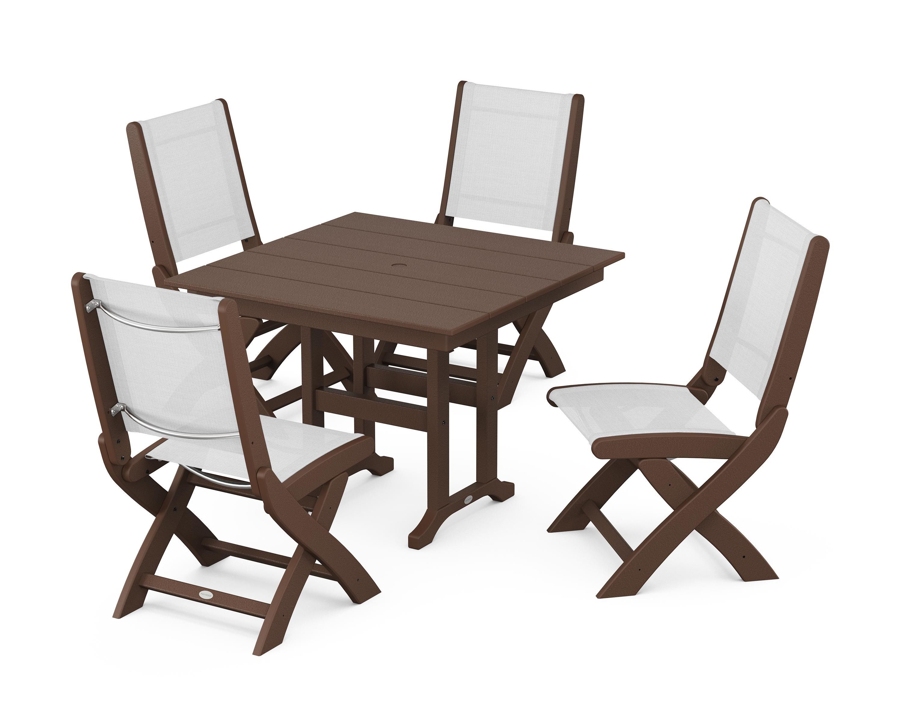 POLYWOOD Coastal Folding Side Chair 5-Piece Farmhouse Dining Set in Mahogany / White Sling