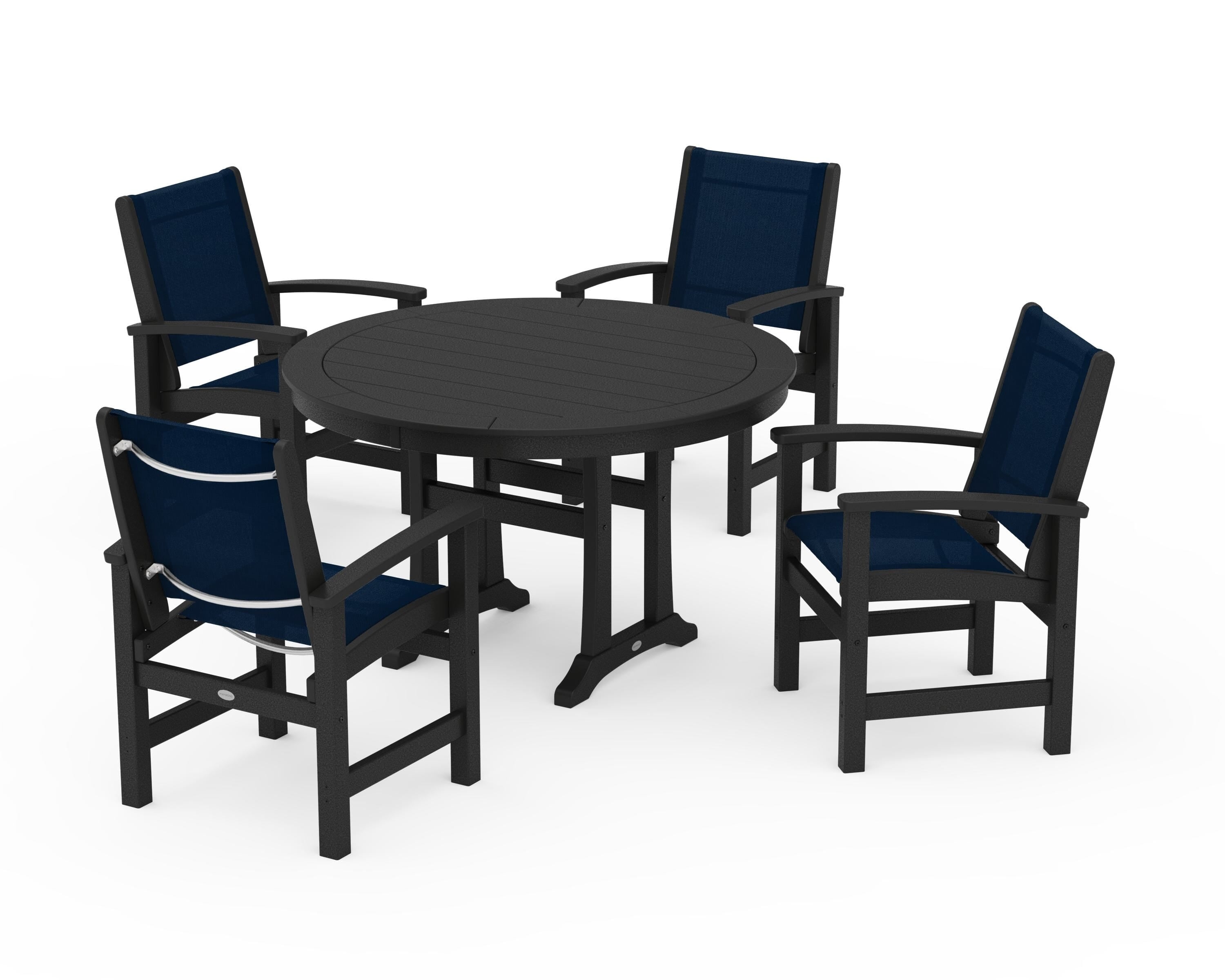 POLYWOOD Coastal 5-Piece Round Dining Set with Trestle Legs in Black / Navy Blue Sling