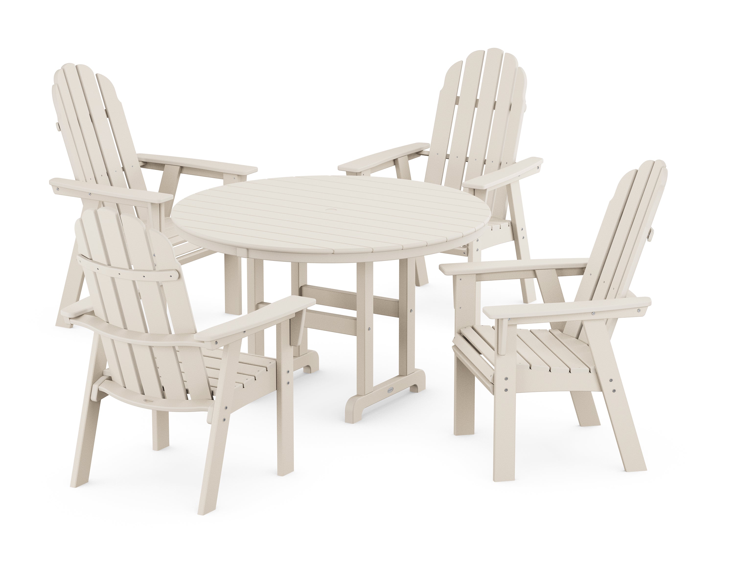 POLYWOOD® Vineyard Curveback Adirondack 5-Piece Round Farmhouse Dining Set in Sand