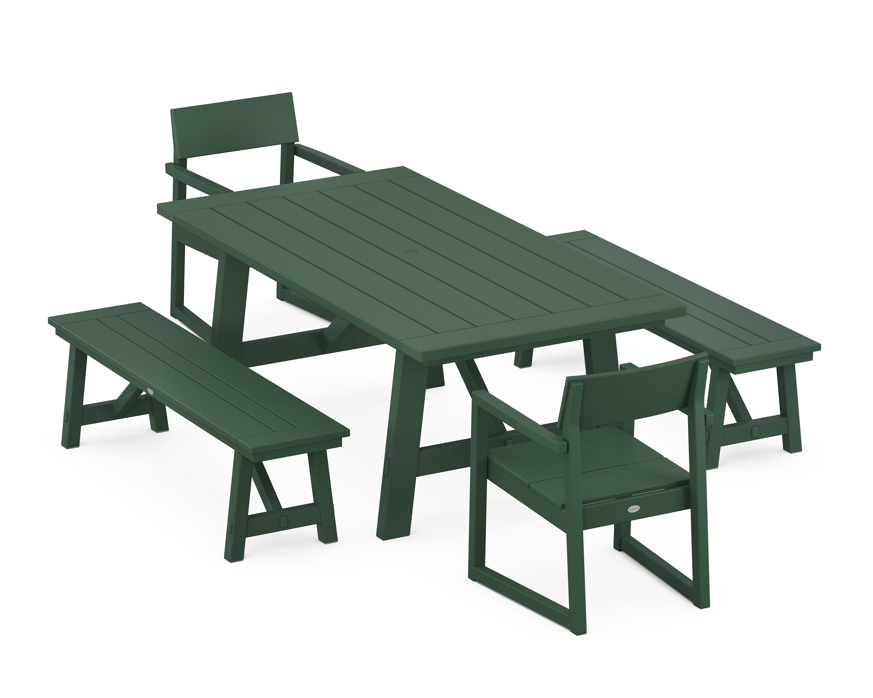 POLYWOOD® EDGE 5-Piece Rustic Farmhouse Dining Set With Benches in Green