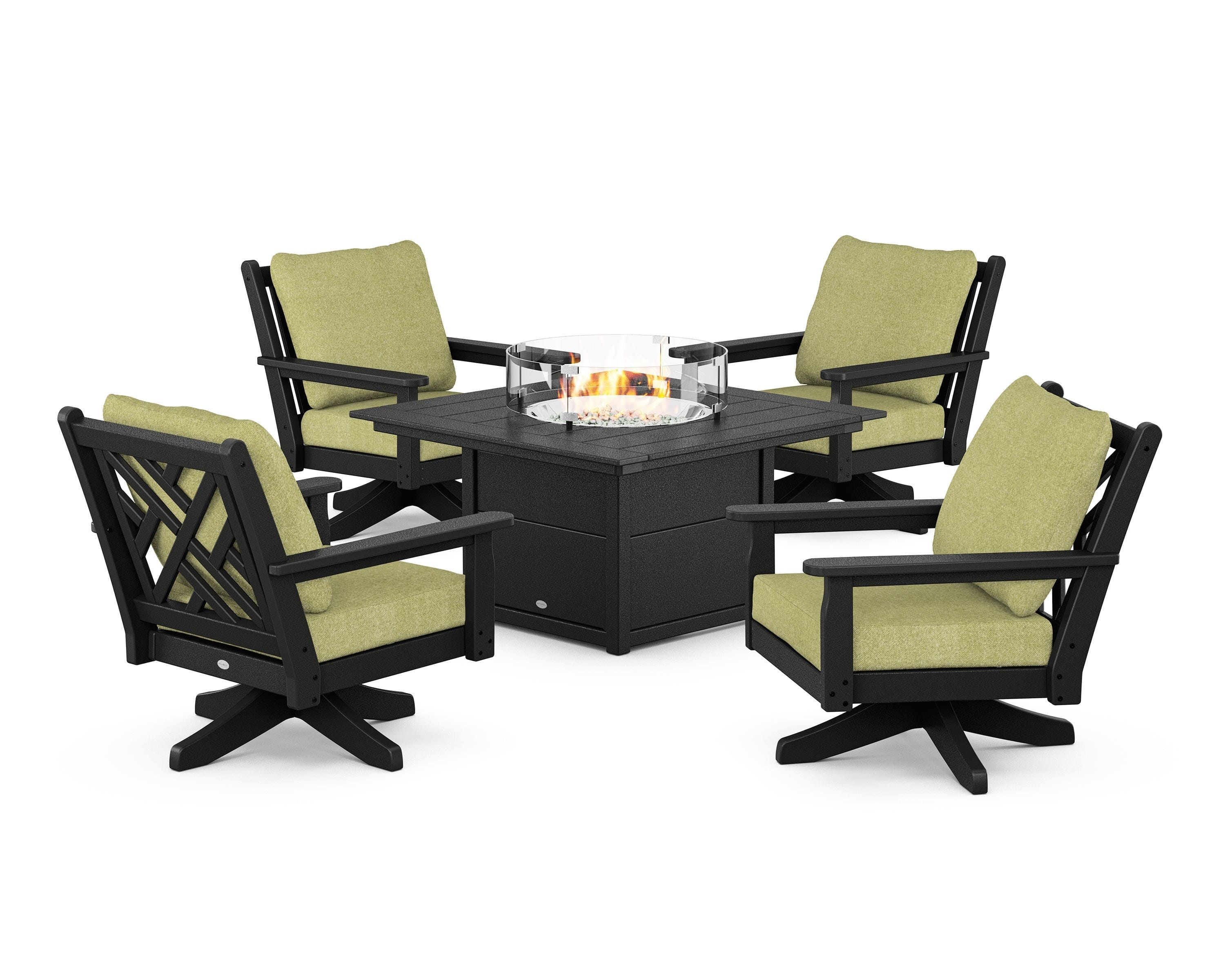 POLYWOOD Chippendale 5-Piece Deep Seating Swivel Conversation Set with Fire Pit Table in Black / Chartreuse Boucle