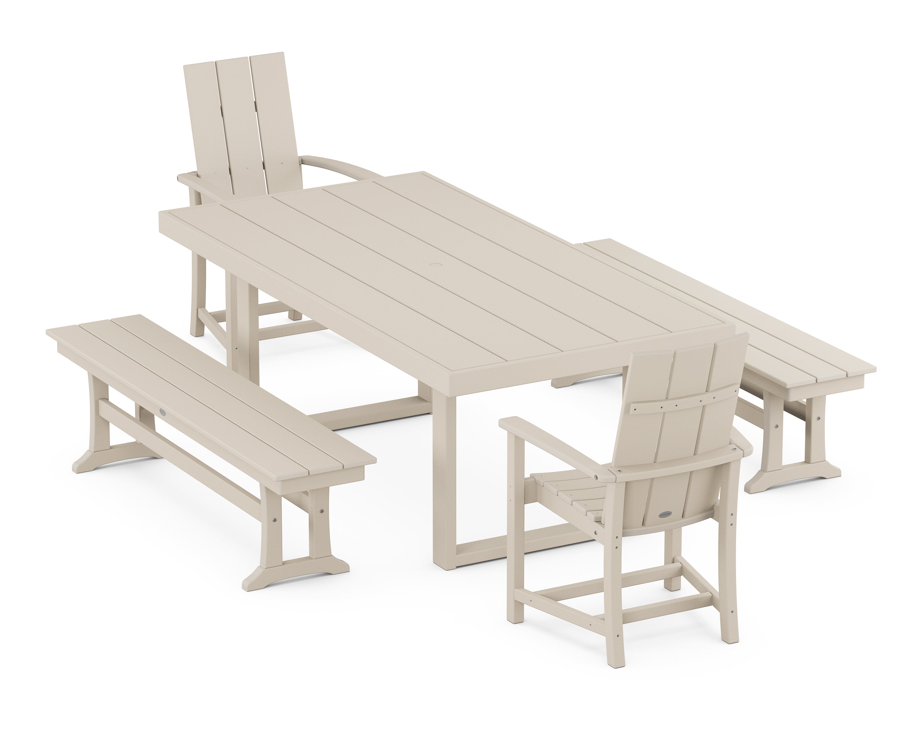 POLYWOOD® Modern Adirondack 5-Piece Dining Set with Benches in Sand