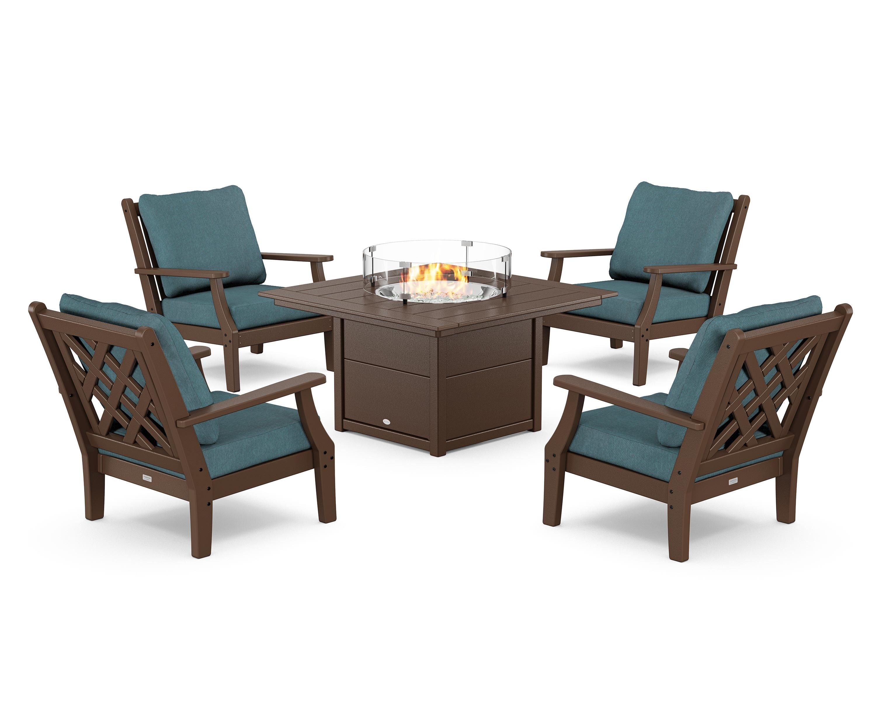 Country Living Wovendale 5-Piece Deep Seating Set with Fire Pit Table in Mahogany / Ocean Teal