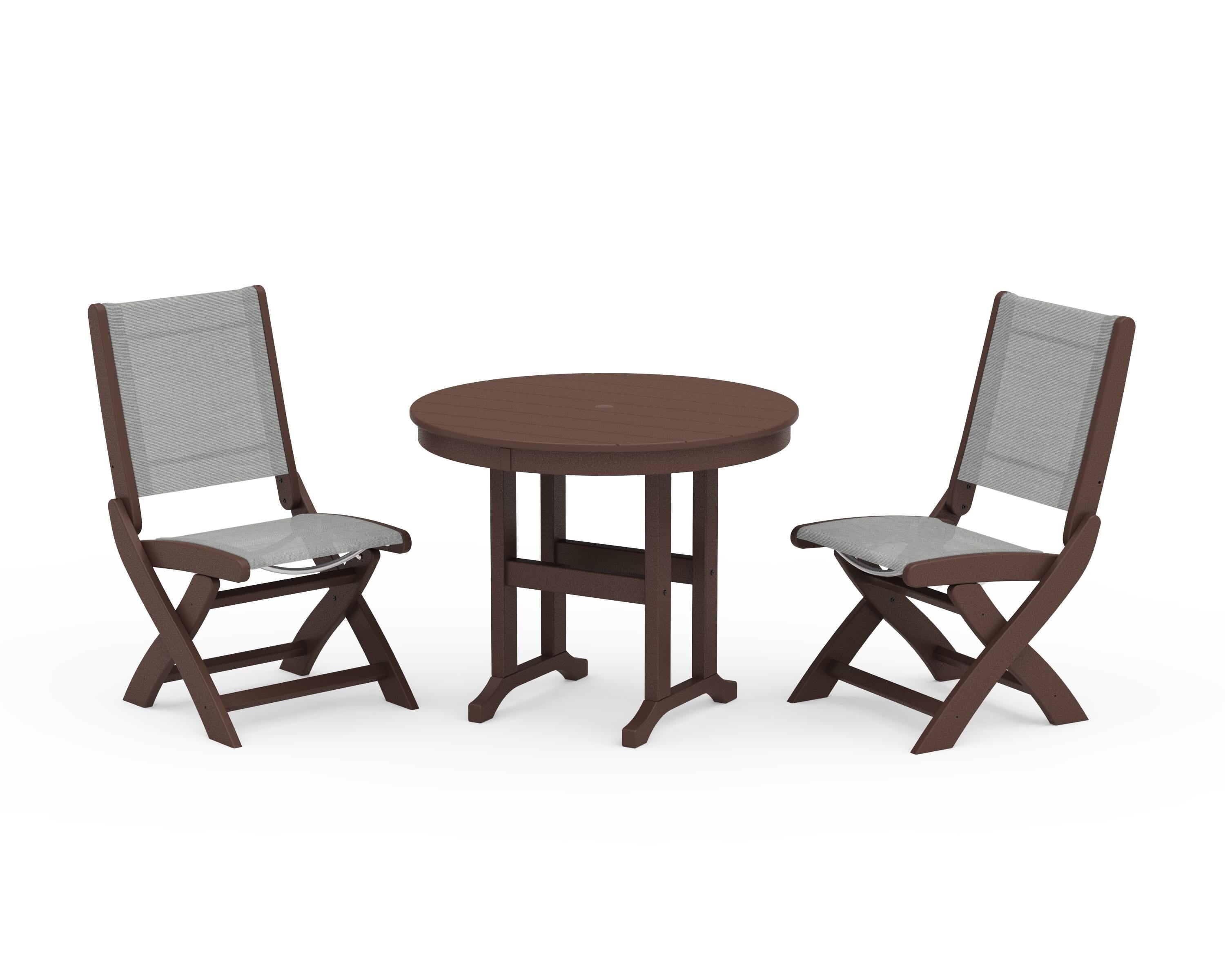 POLYWOOD Coastal Folding Side Chair 3-Piece Round Dining Set in Mahogany / Metallic Sling