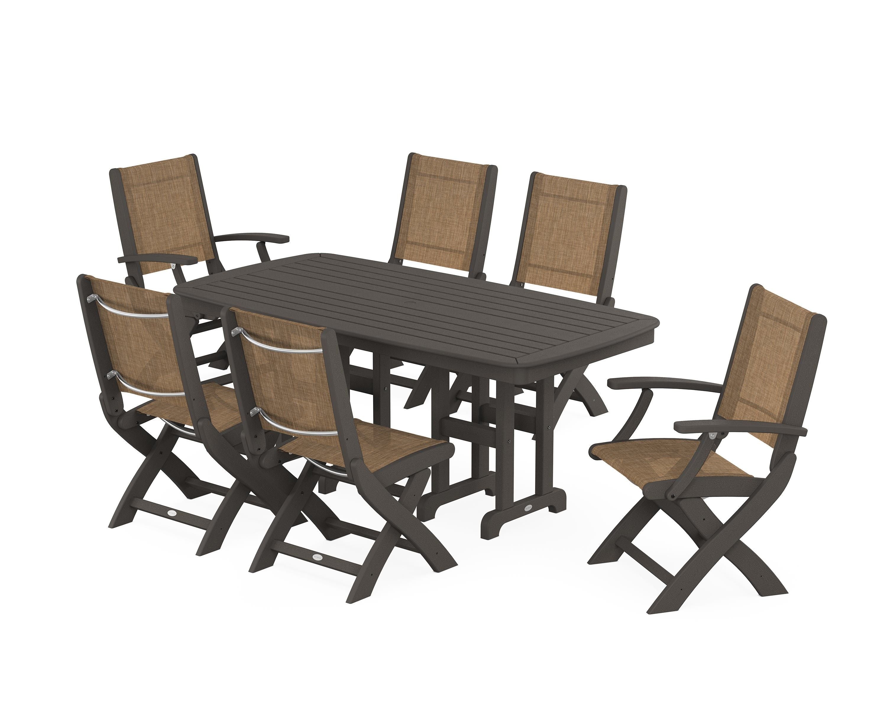 POLYWOOD Coastal Folding Chair 7-Piece Dining Set in Vintage Coffee / Burlap Sling