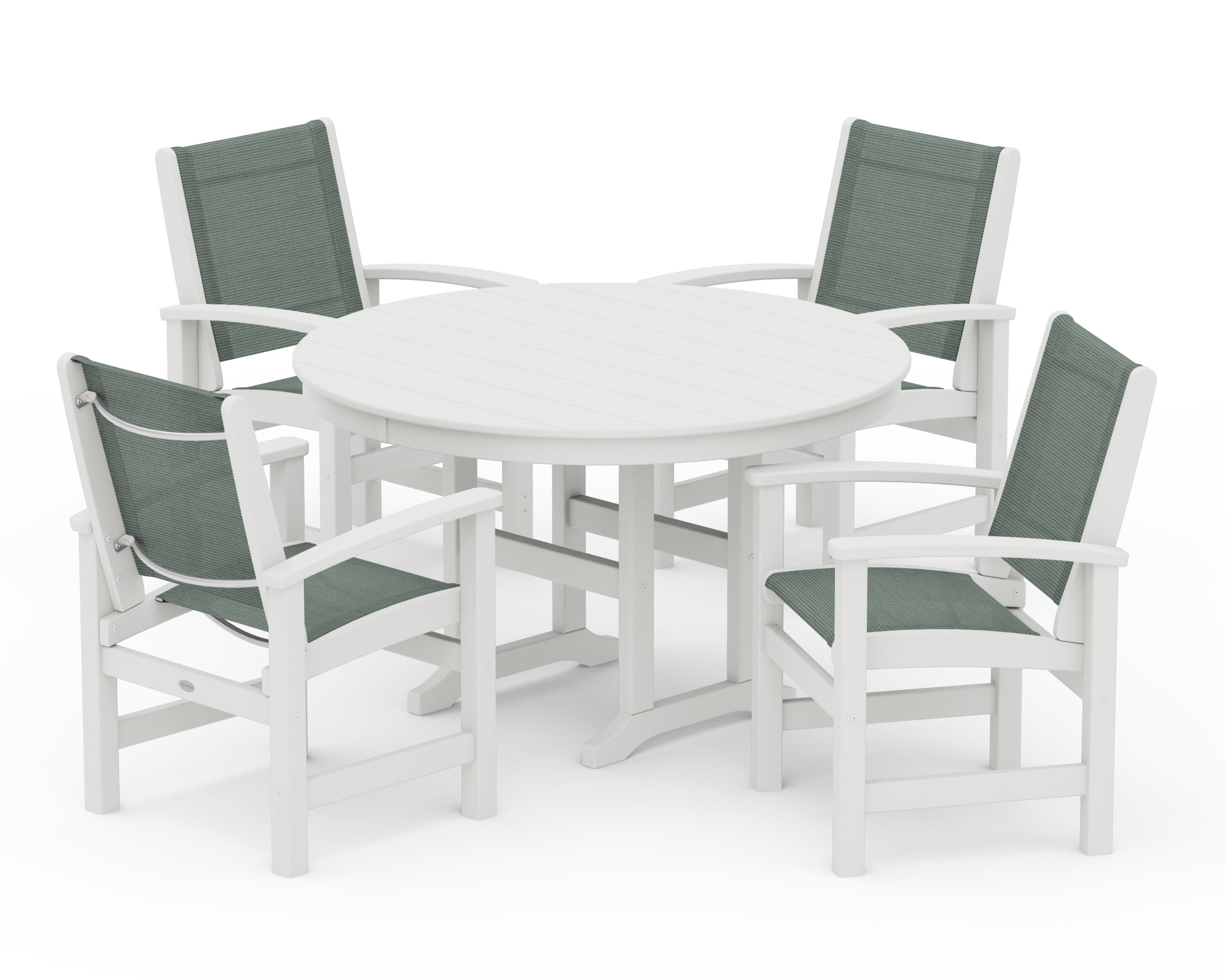 POLYWOOD Coastal 5-Piece Round Farmhouse Dining Set in Vintage White / Dupioni Sea Mist Sling