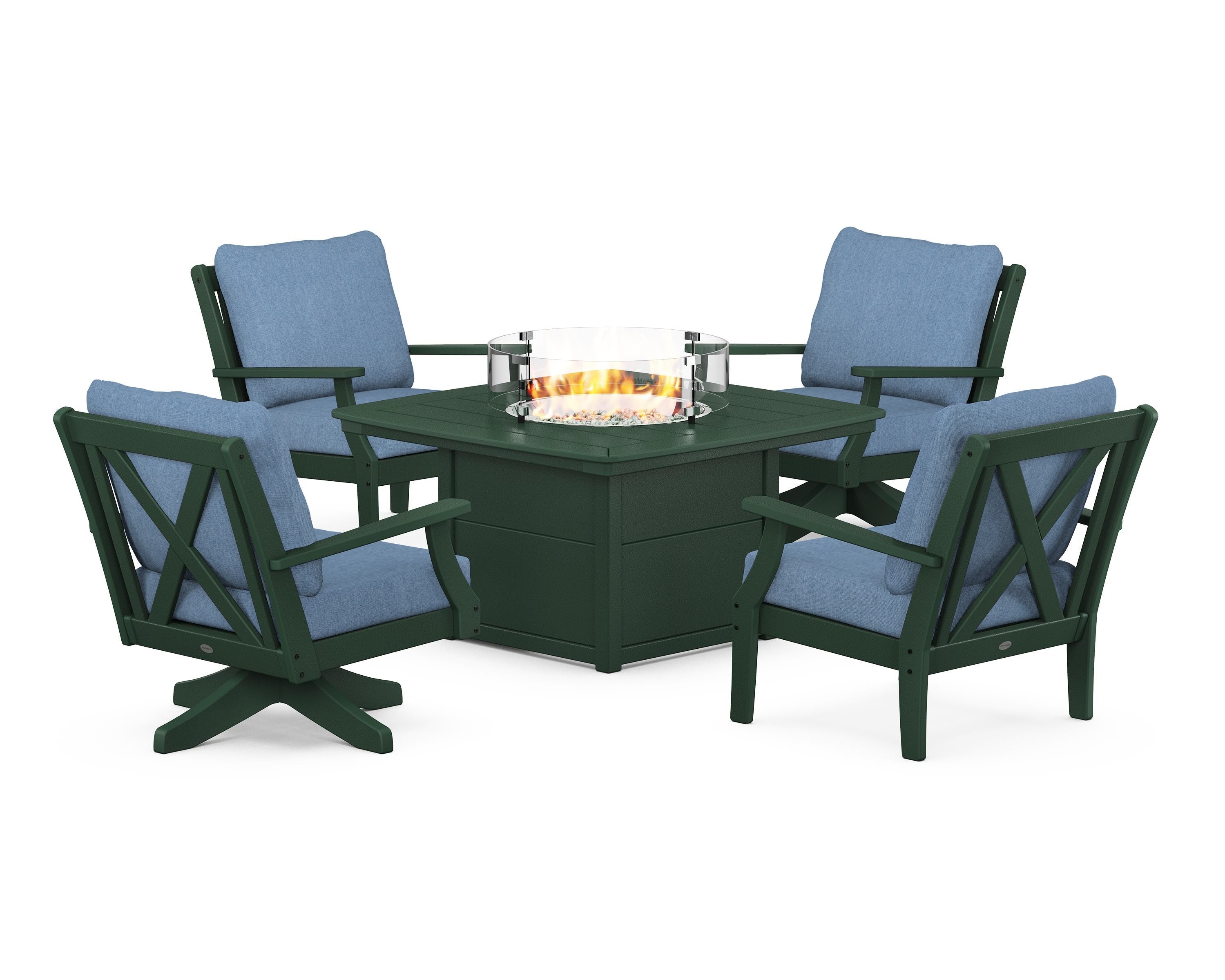 POLYWOOD Braxton 5-Piece Deep Seating Set with Fire Table in Green / Sky Blue