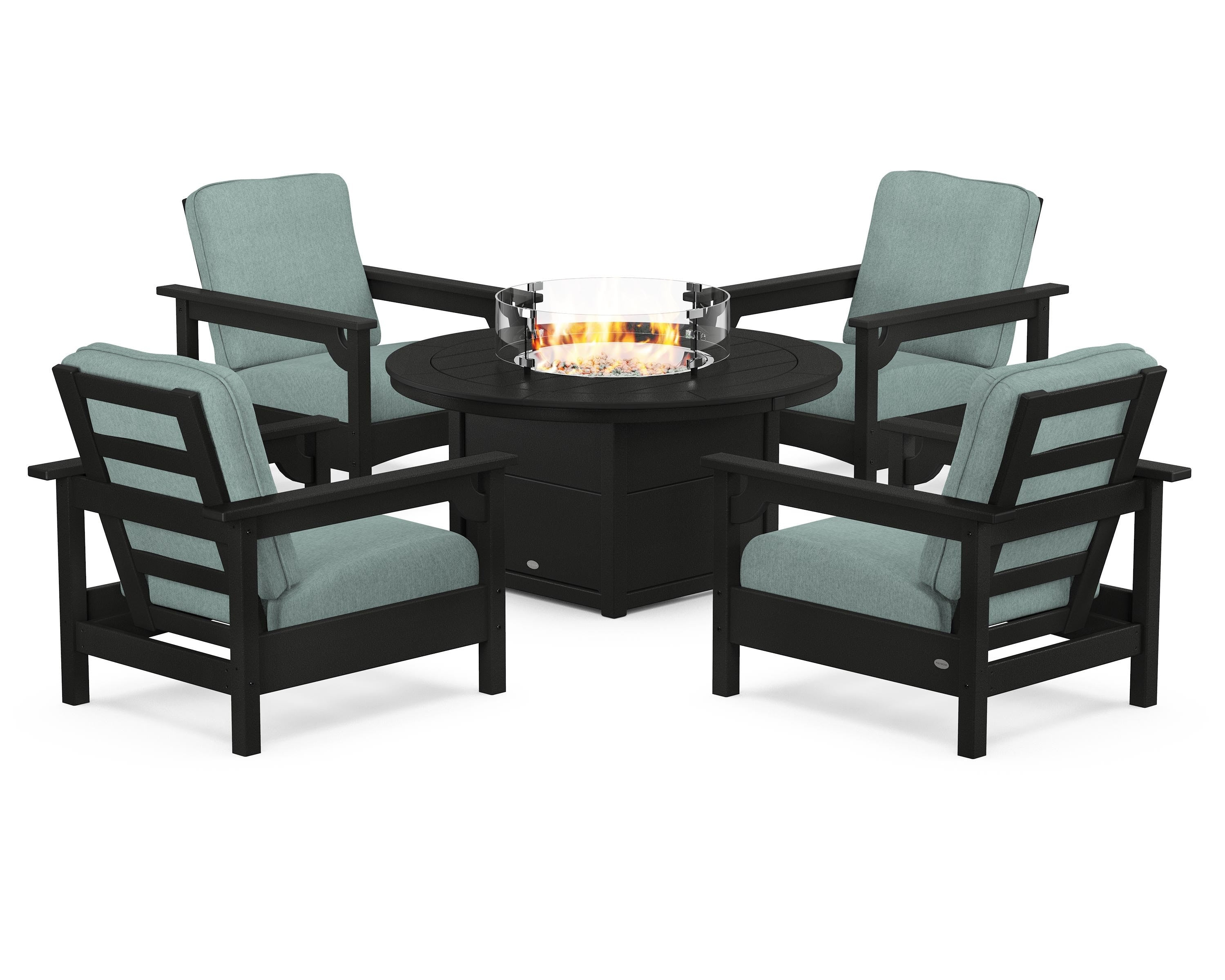 POLYWOOD Club 5-Piece Conversation Set with Fire Pit Table in Black / Glacier Spa