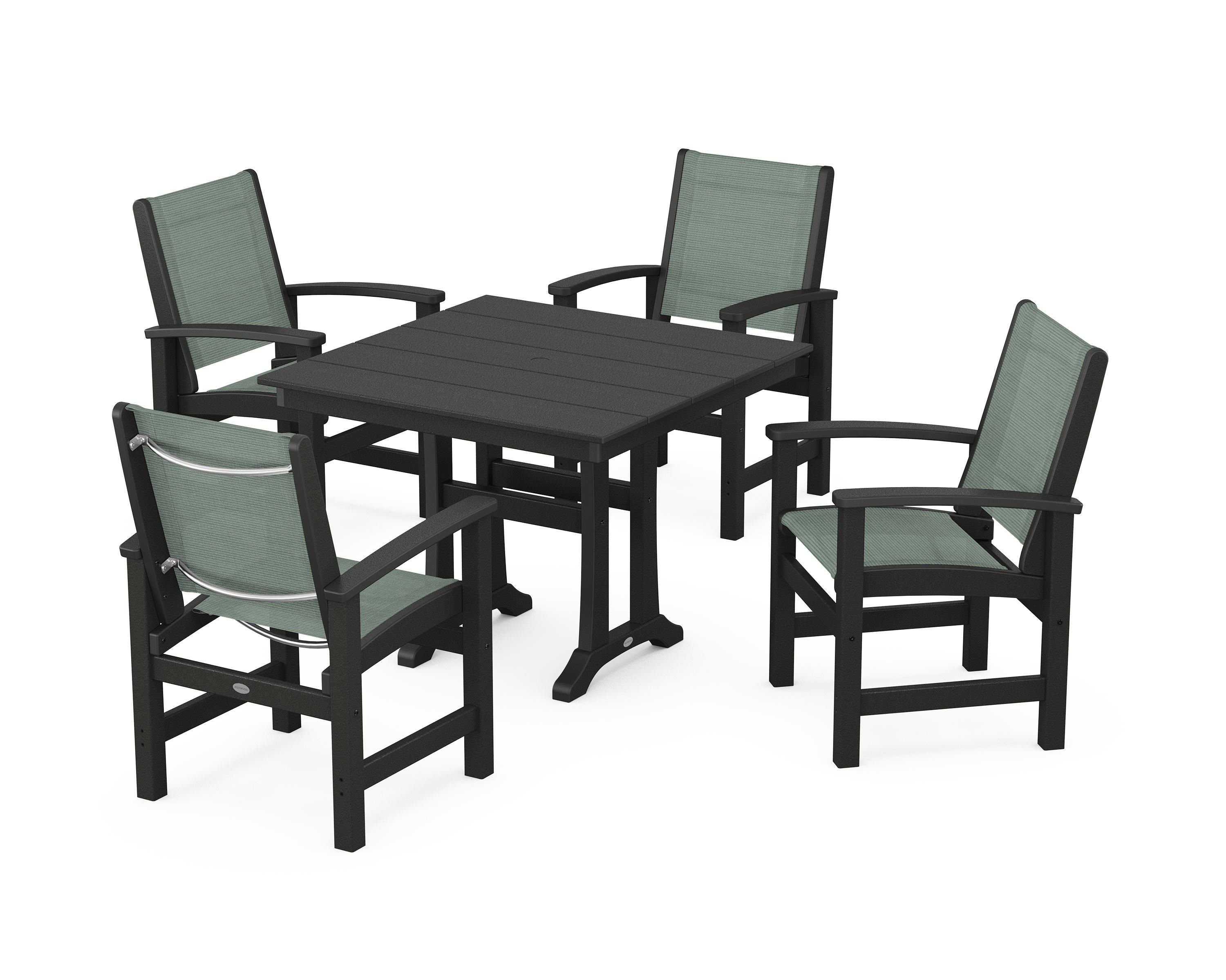 POLYWOOD Coastal 5-Piece Farmhouse Dining Set With Trestle Legs in Black / Dupioni Sea Mist Sling