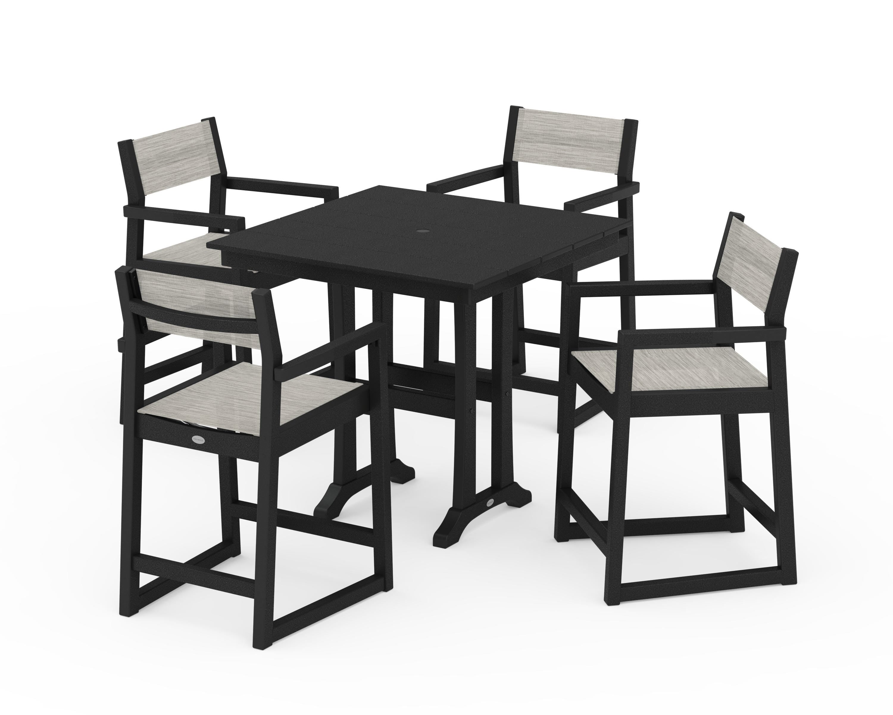 POLYWOOD EDGE Sling Arm Chair 5-Piece Farmhouse Counter Set with Trestle Legs in Black / Birch Sling