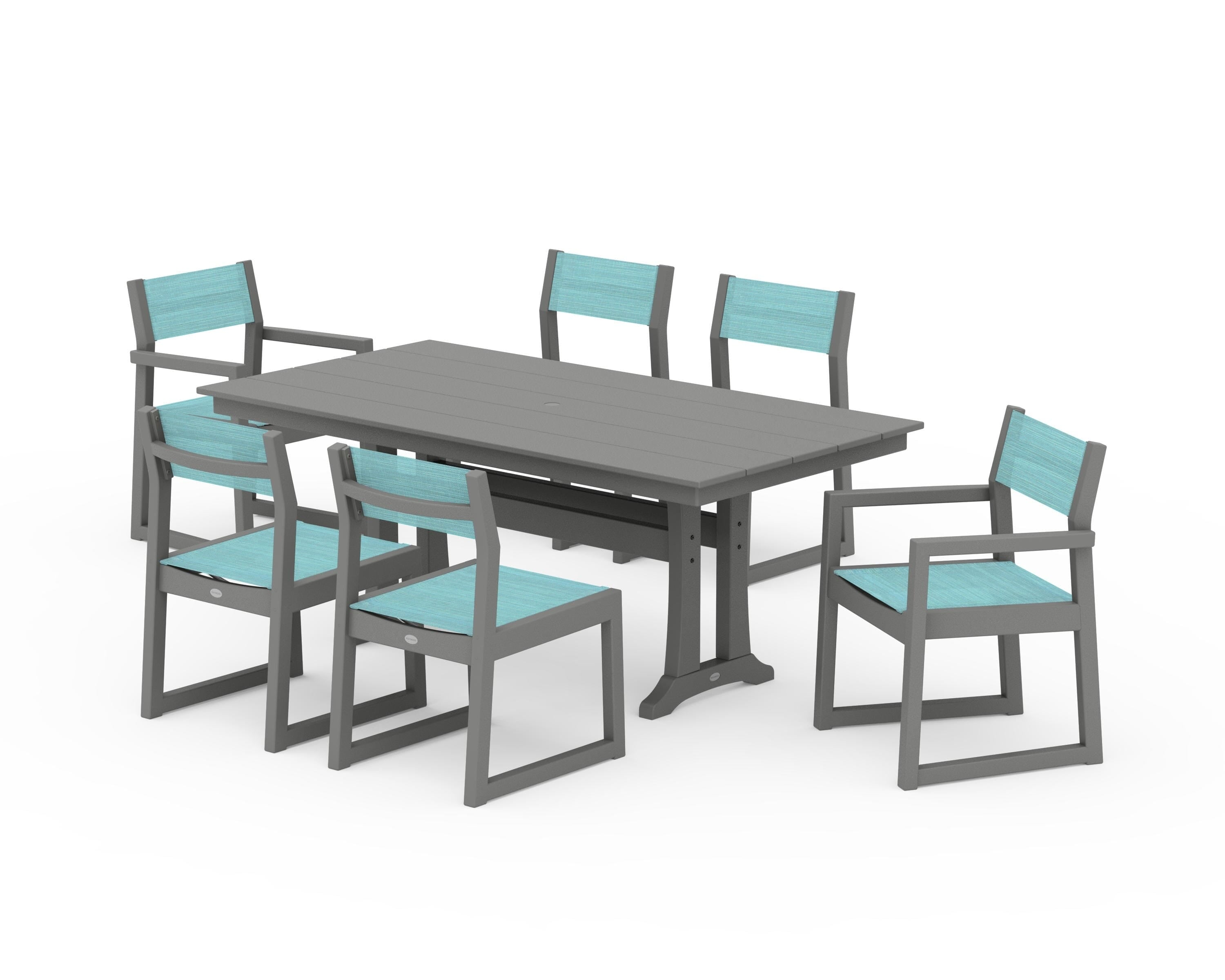 POLYWOOD EDGE Sling 7-Piece Farmhouse Trestle Dining Set in Slate Grey / Dupioni Aquamarine Sling