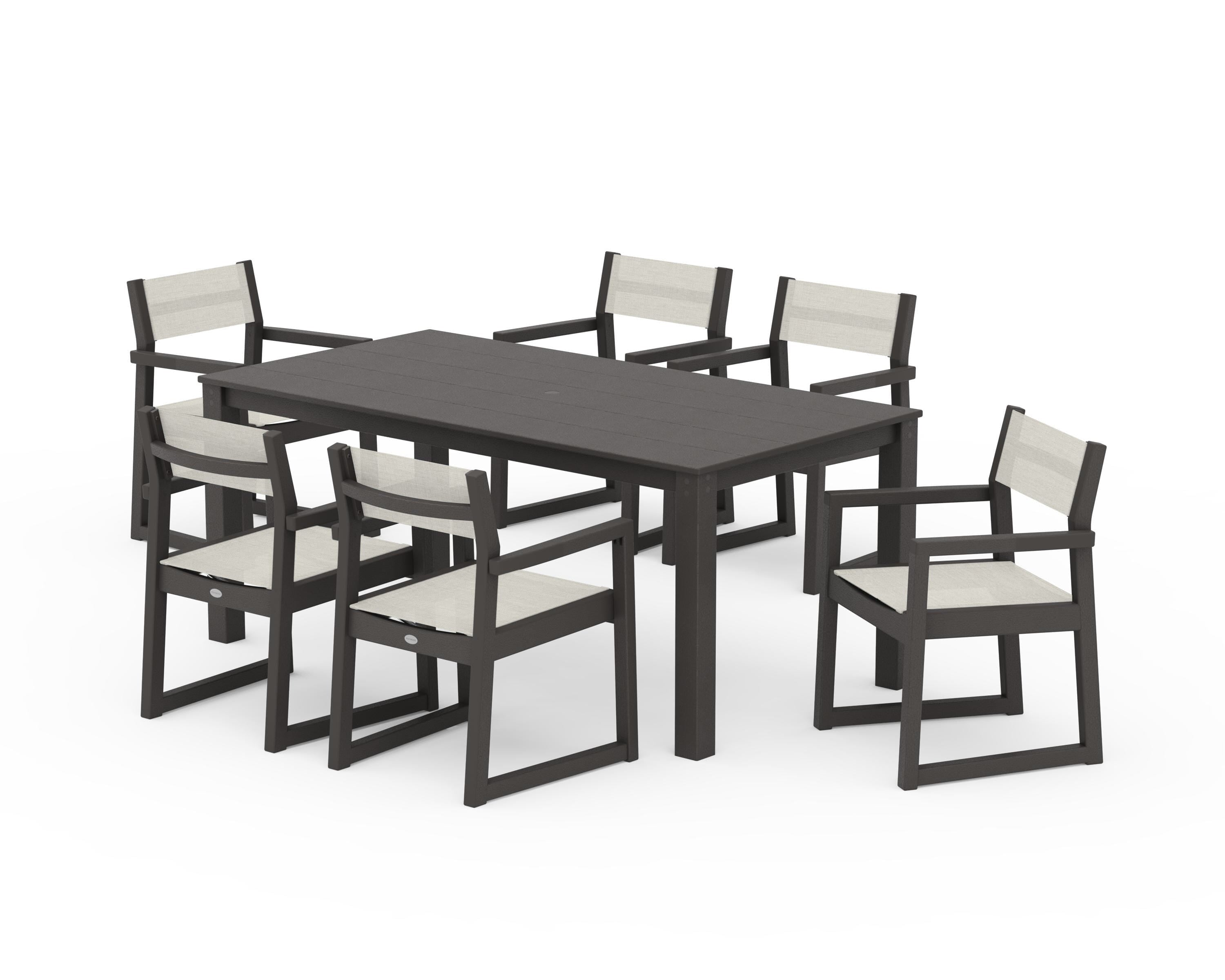 POLYWOOD EDGE Sling Arm Chair 7-Piece Parsons Dining Set in Vintage Coffee / Parchment Sling