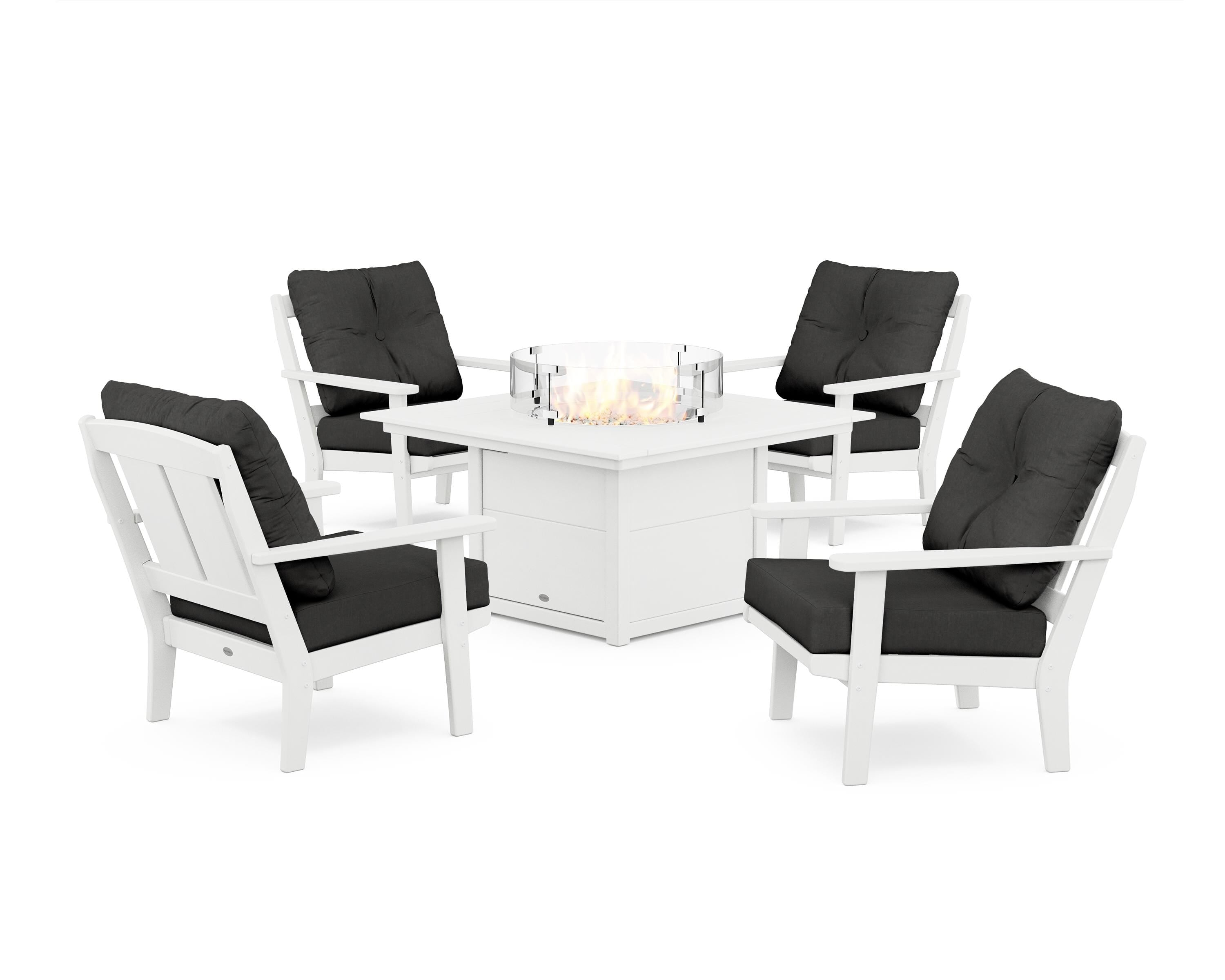 POLYWOOD Mission 5-Piece Deep Seating Set with Fire Pit Table in White / Spectrum Carbon