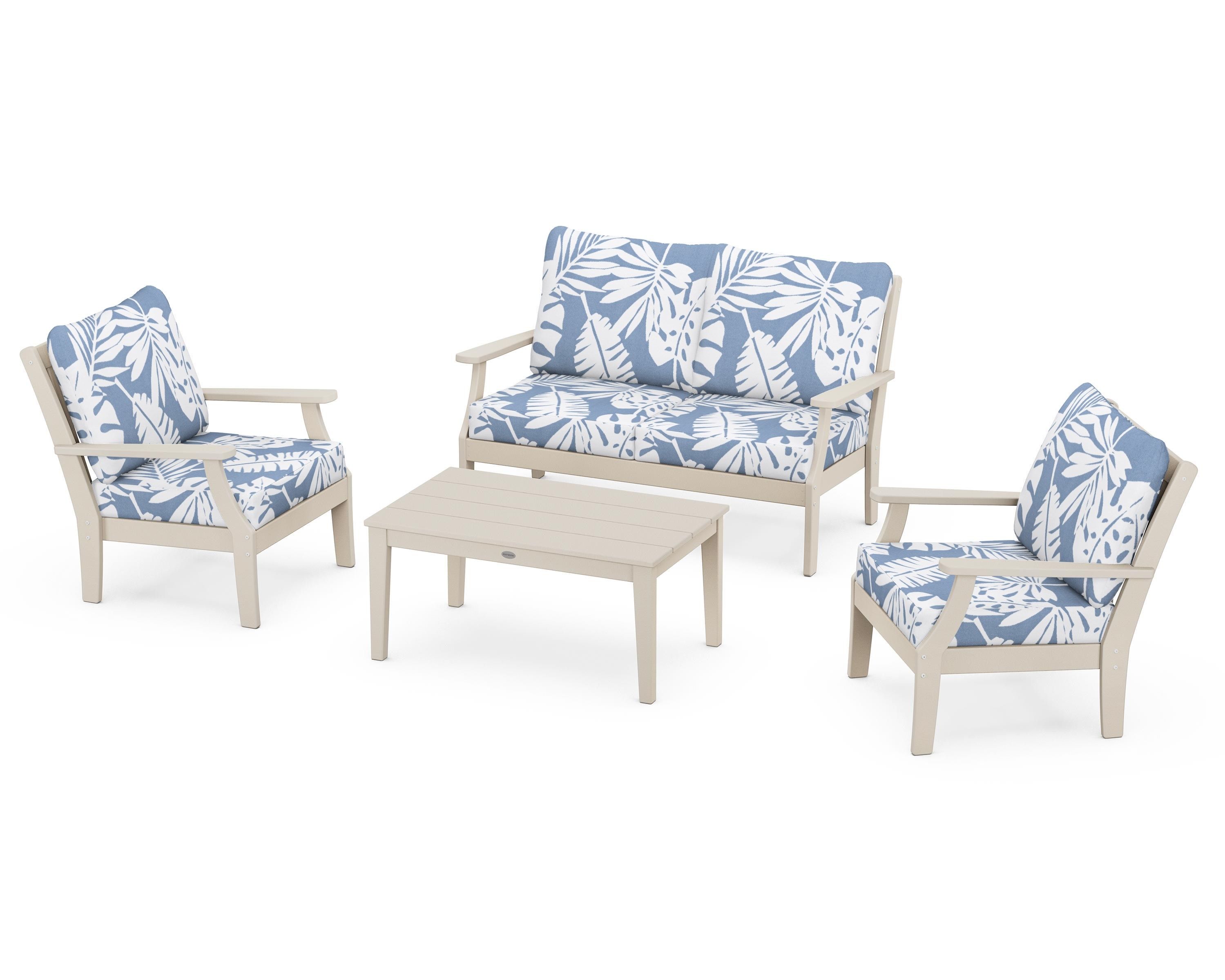 POLYWOOD Braxton 4-Piece Deep Seating Chair Set in Sand / Leaf Sky Blue