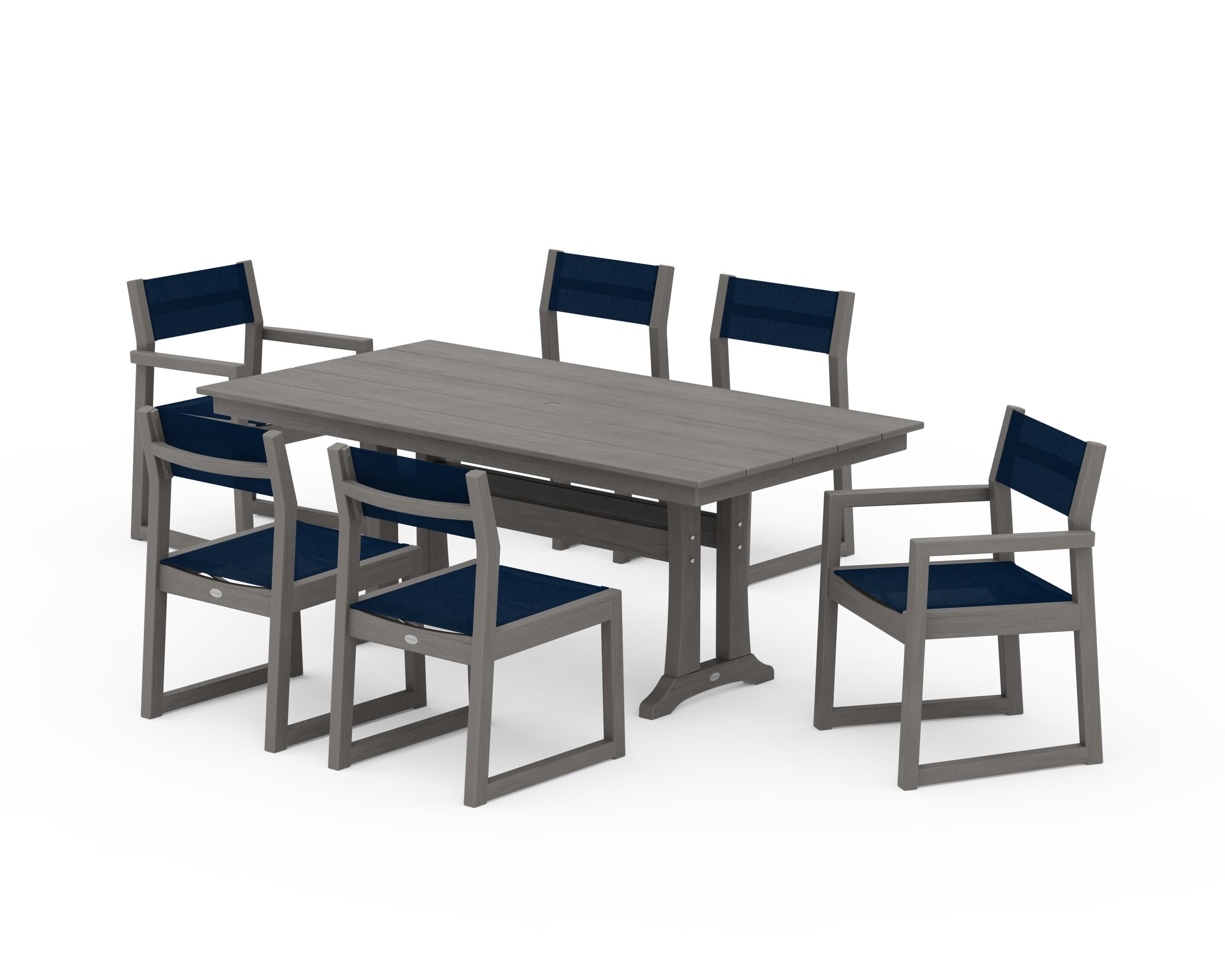POLYWOOD EDGE Sling 7-Piece Farmhouse Trestle Dining Set in Driftwood / Navy Blue Sling