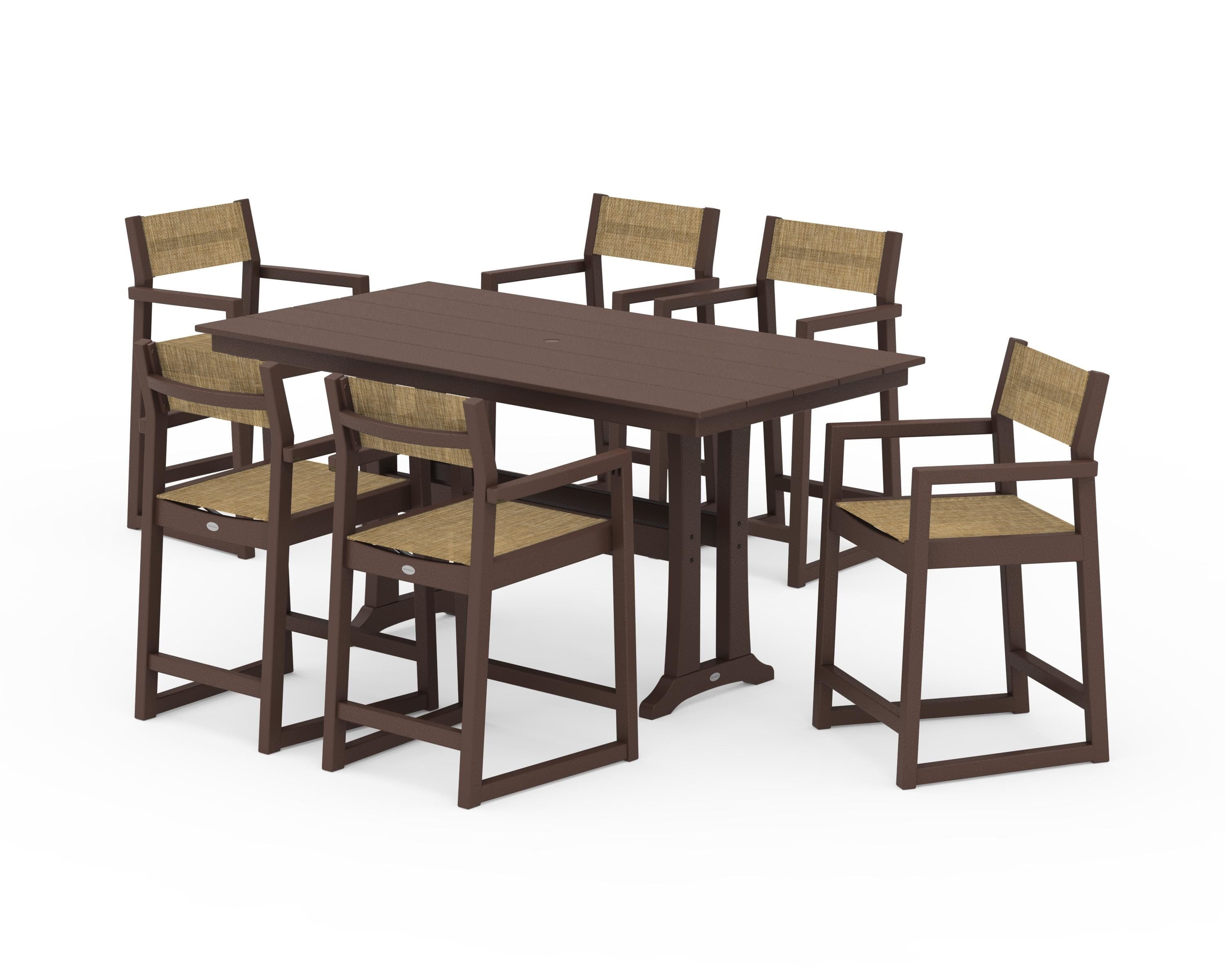 POLYWOOD EDGE Sling Arm Chair 7-Piece Farmhouse Counter Set with Trestle Legs in Mahogany / Burlap Sling
