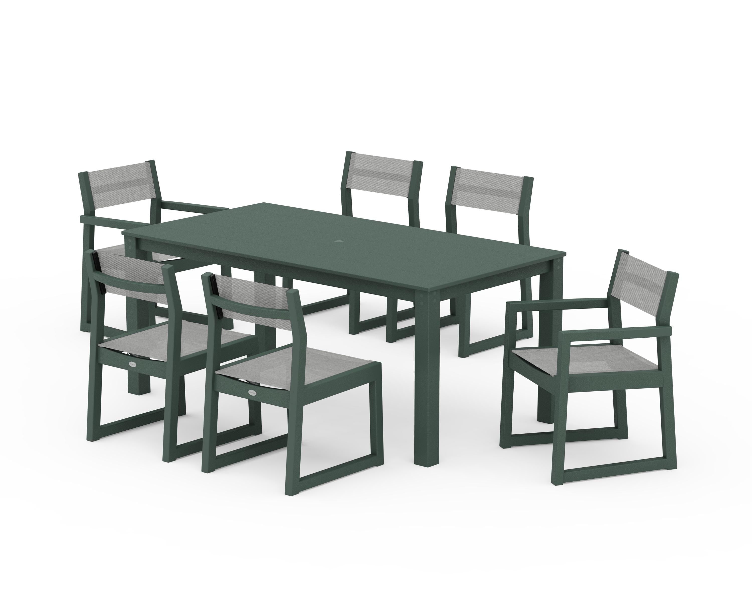 POLYWOOD EDGE Sling 7-Piece Parsons Dining Set in Green / Metallic Sling