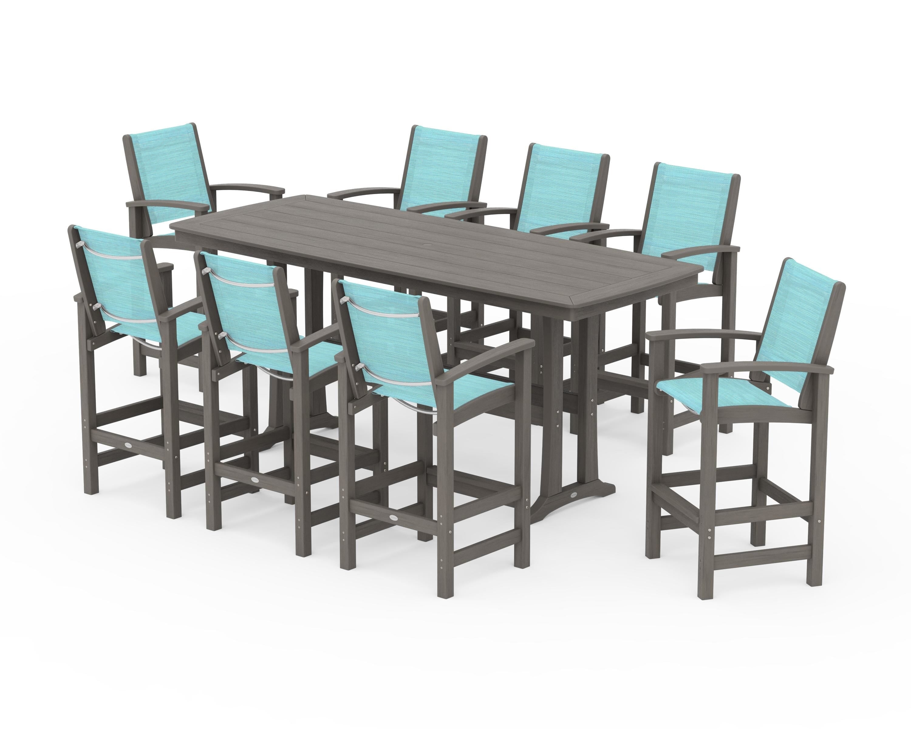 POLYWOOD Coastal 9-Piece Bar Set with Trestle Legs in Driftwood / Dupioni Aquamarine Sling