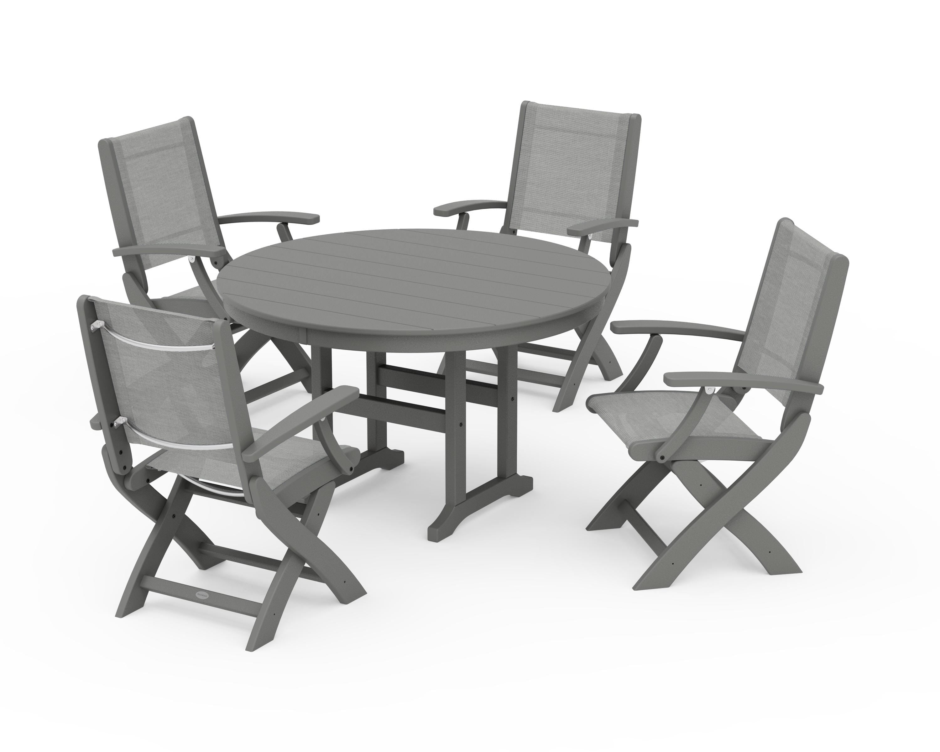 POLYWOOD Coastal Folding Chair 5-Piece Round Dining Set in Slate Grey / Metallic Sling