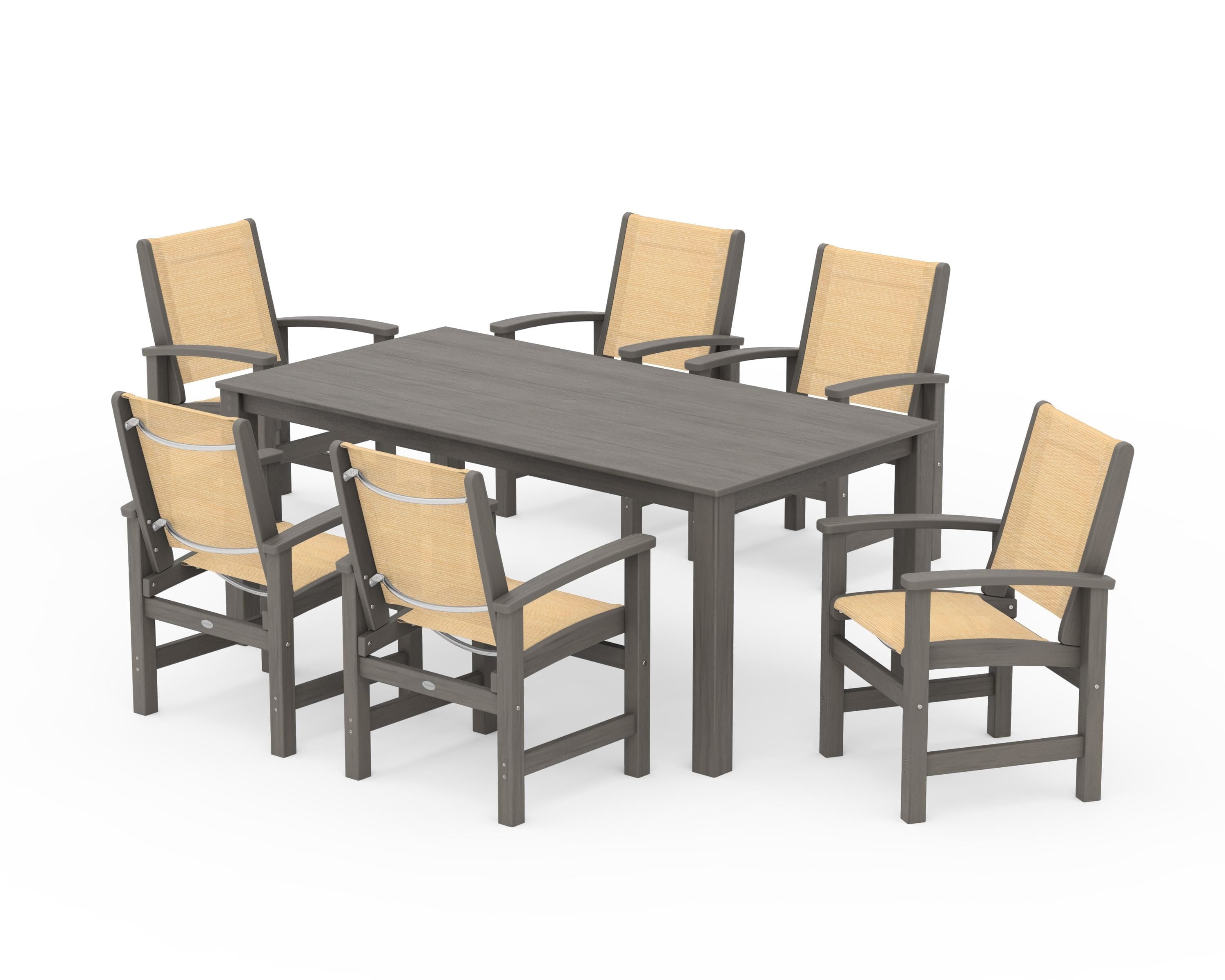POLYWOOD Coastal 7-Piece Parsons Dining Set in Driftwood / Dupioni Apricot Sling