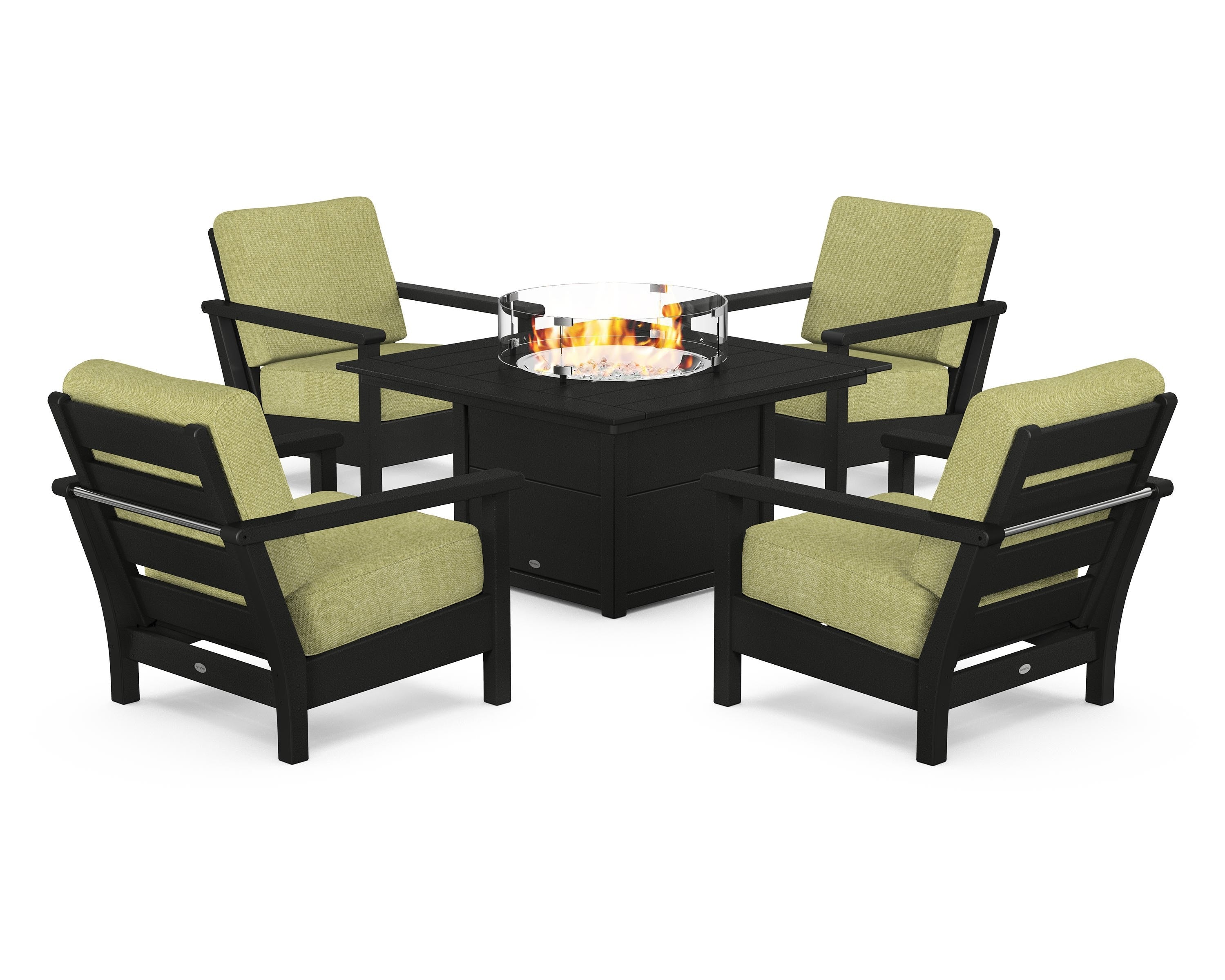 POLYWOOD Harbour 5-Piece Conversation Set with Fire Pit Table in Black / Chartreuse Boucle