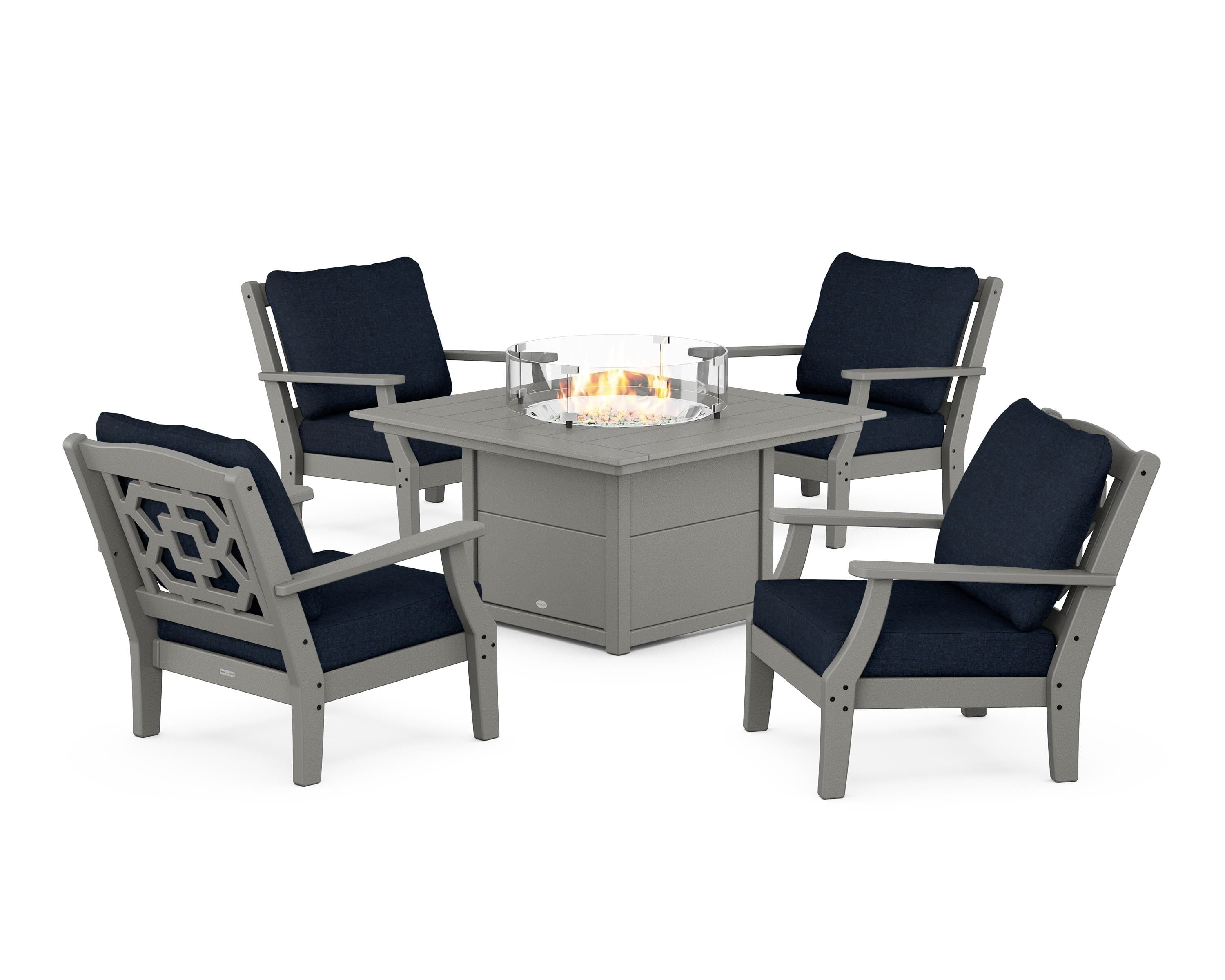 Martha Stewart by POLYWOOD Chinoiserie 5-Piece Deep Seating Set with Fire Pit Table in Slate Grey / Marine Indigo