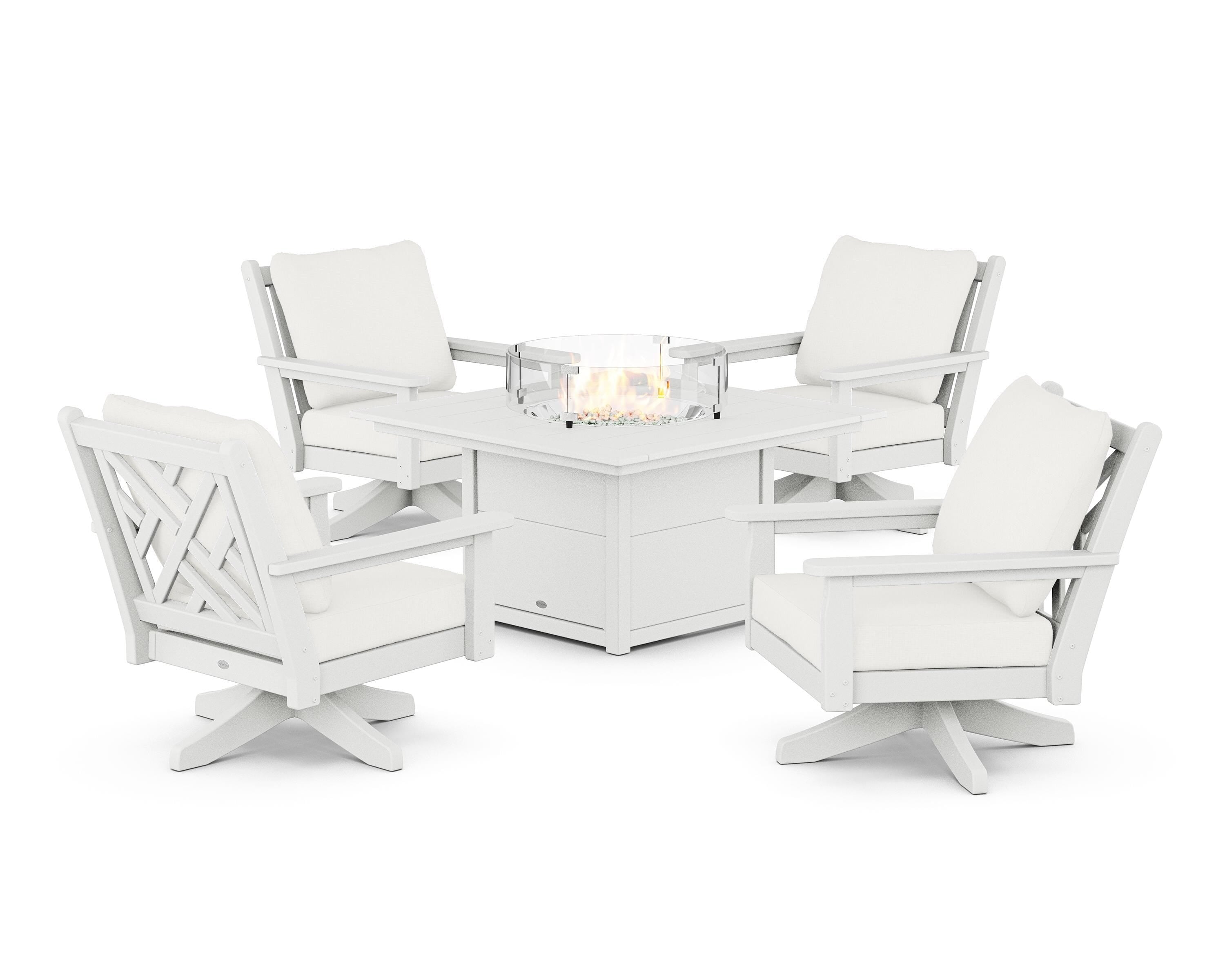 POLYWOOD Chippendale 5-Piece Deep Seating Swivel Conversation Set with Fire Pit Table in White / Natural Linen