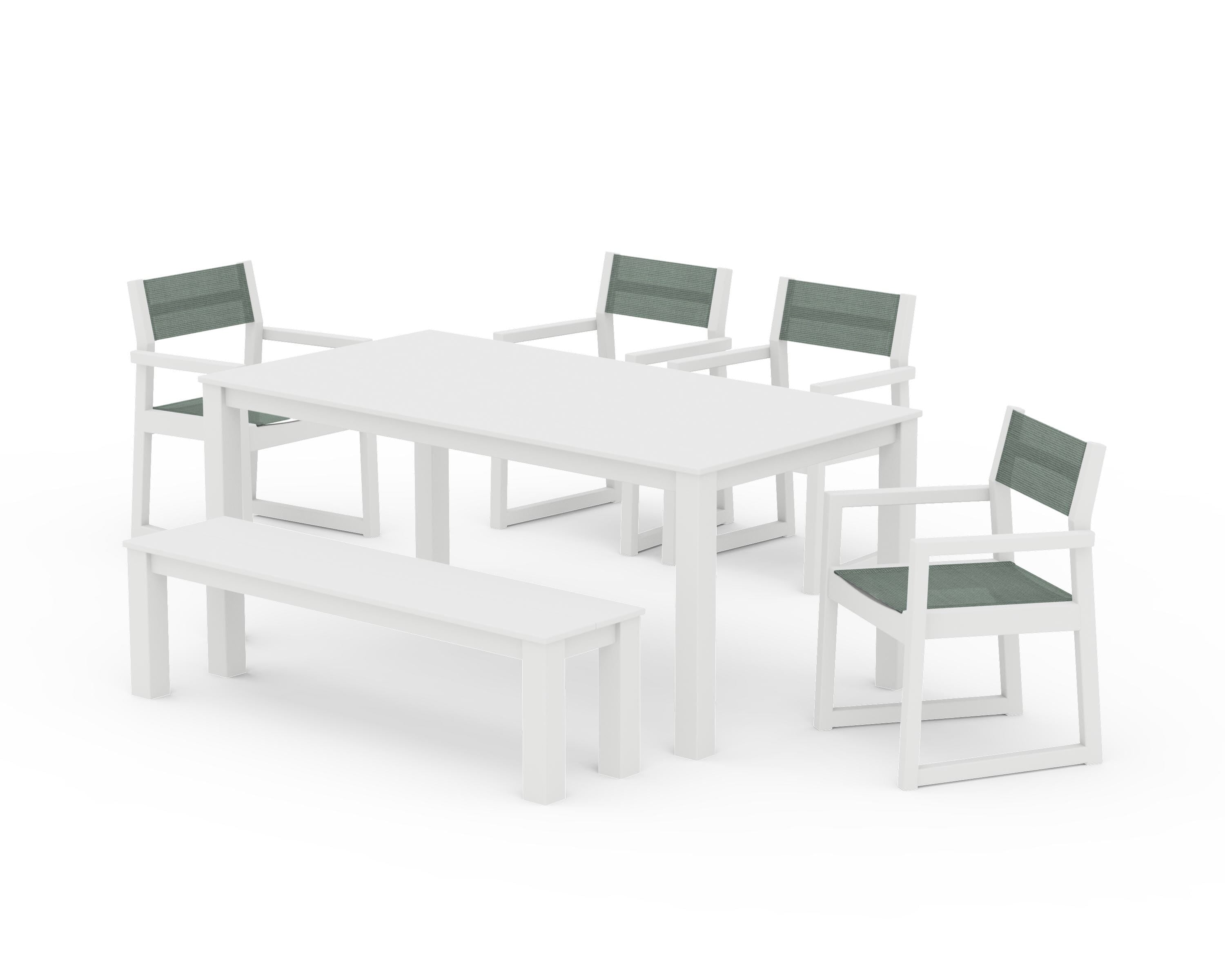 POLYWOOD EDGE Sling Arm Chair 6-Piece Parsons Dining Set with Bench in White / Dupioni Sea Mist Sling