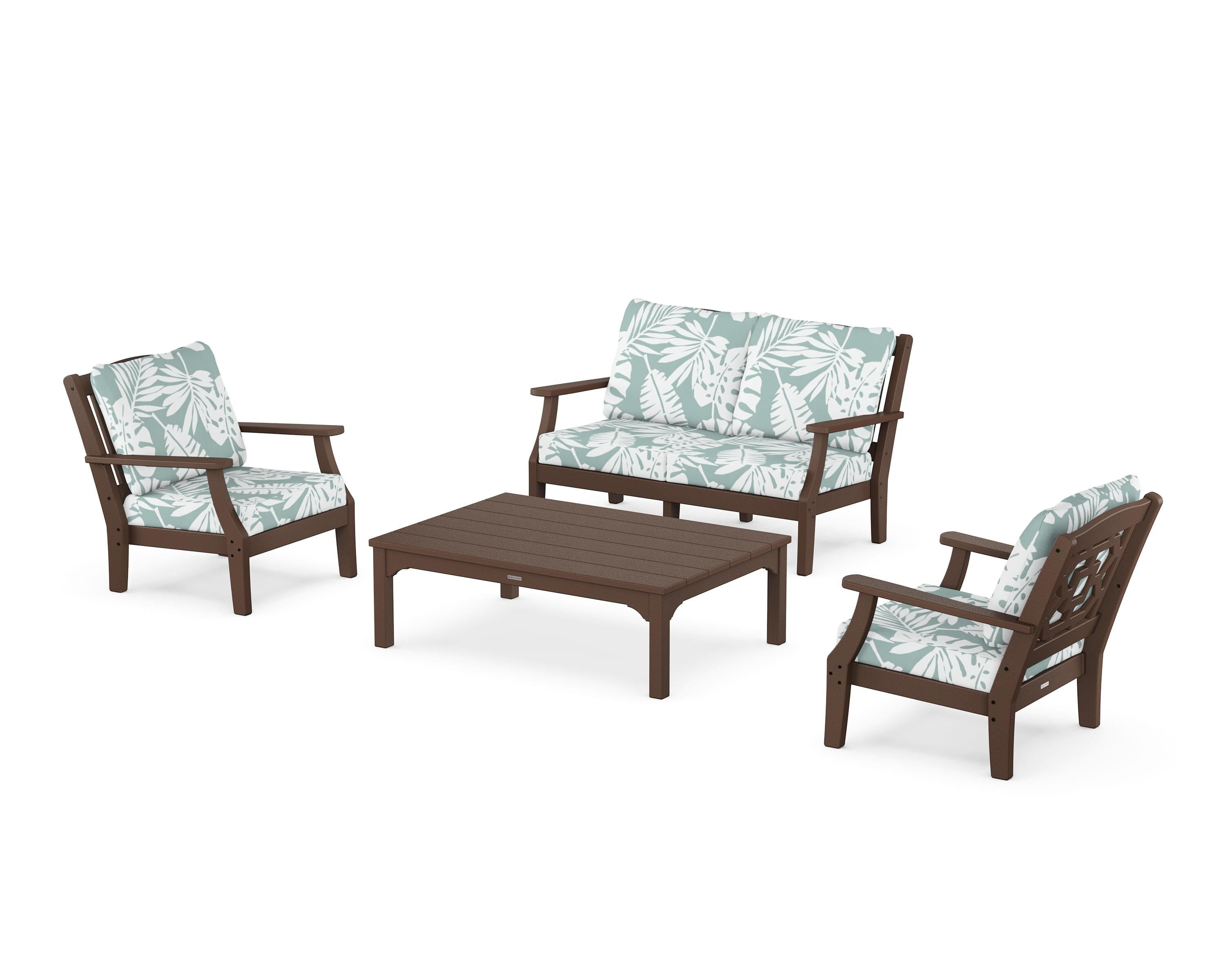 Martha Stewart by POLYWOOD Chinoiserie 4-Piece Deep Seating Set with Loveseat in Mahogany / Leaf Glacier Spa