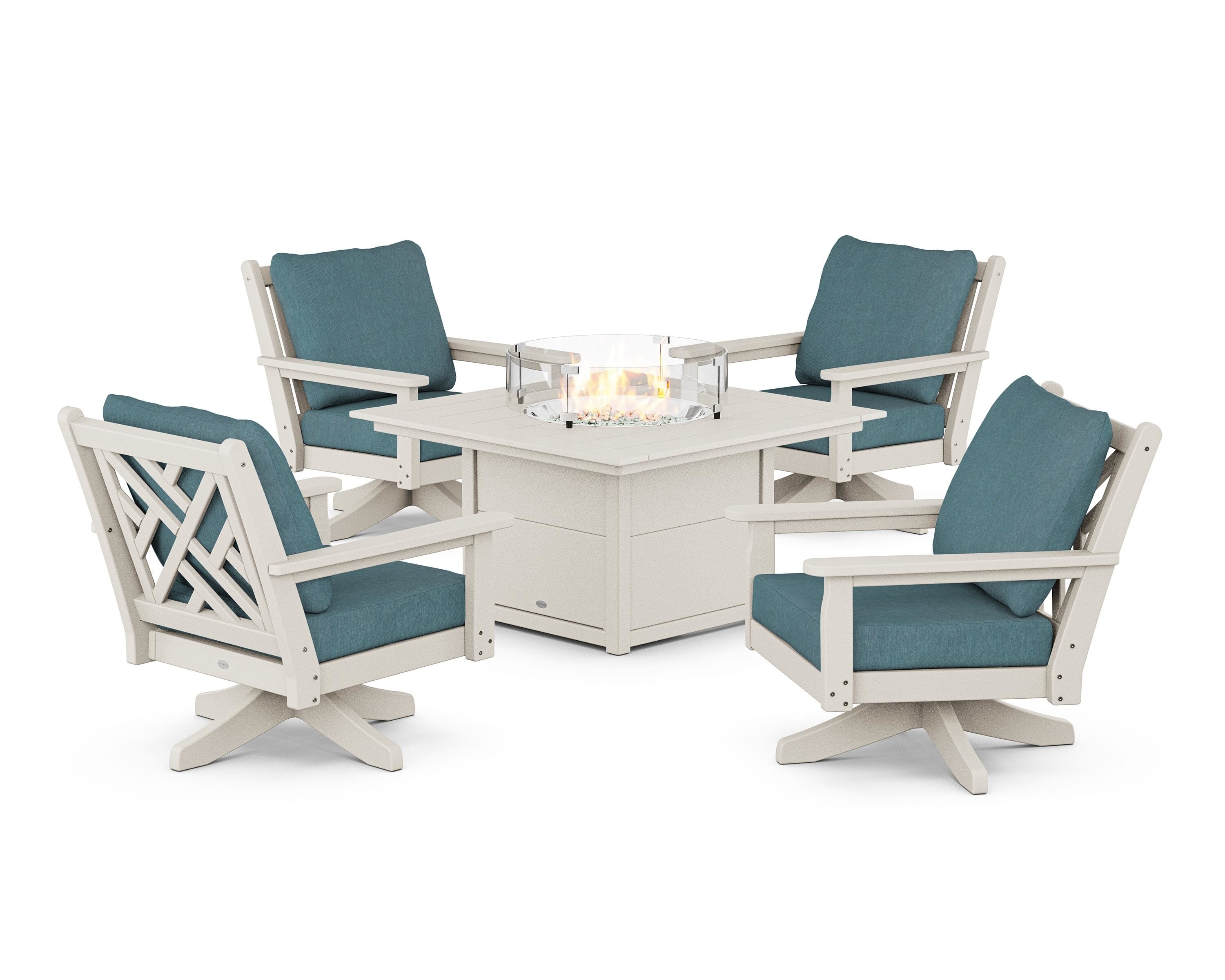 POLYWOOD Chippendale 5-Piece Deep Seating Swivel Conversation Set with Fire Pit Table in Sand / Ocean Teal