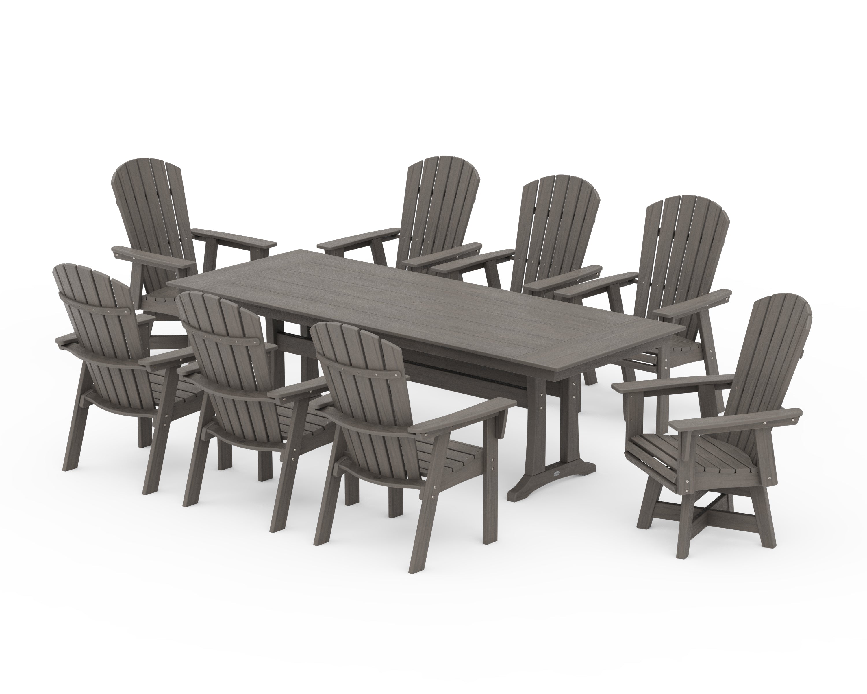 POLYWOOD Nautical Curveback Adirondack Swivel 9-Piece Farmhouse Dining Set with Trestle Legs in Driftwood