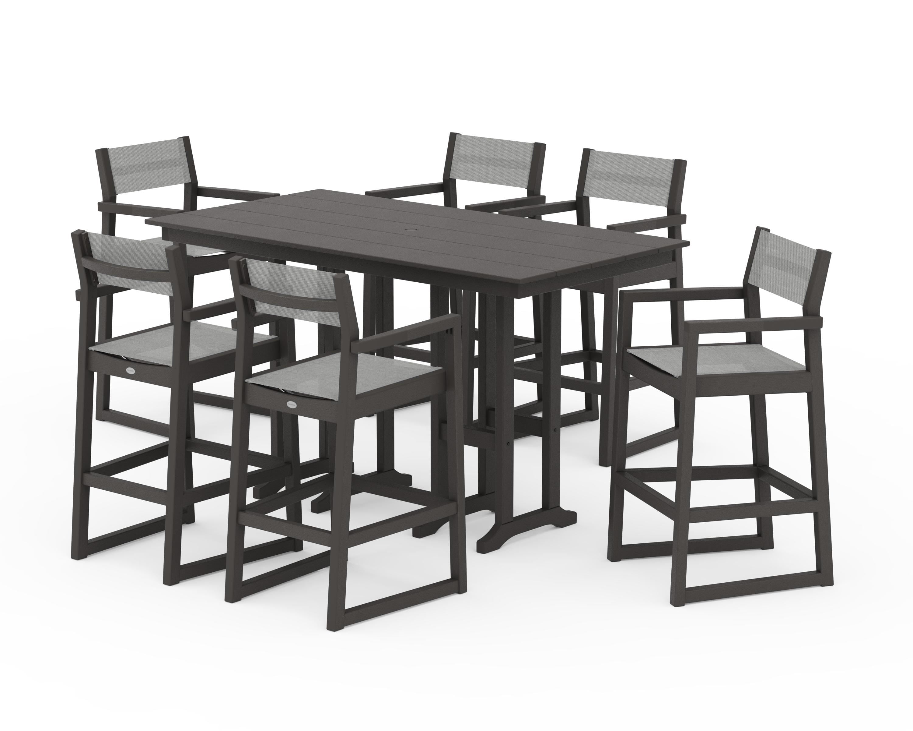 POLYWOOD EDGE Sling Arm Chair 7-Piece Farmhouse Bar Set in Vintage Coffee / Metallic Sling