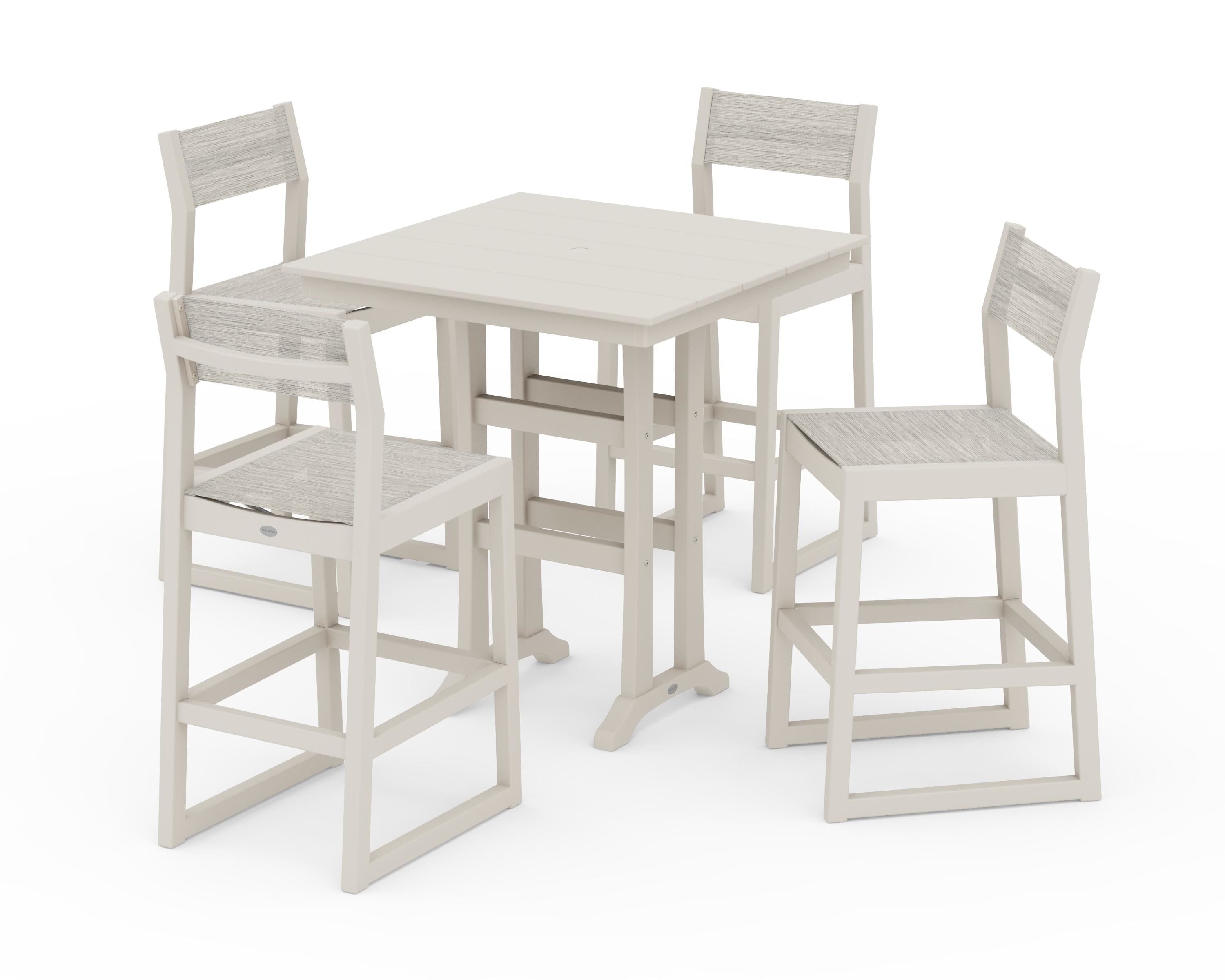 POLYWOOD EDGE Sling Arm Chair 5-Piece Farmhouse Bar Set with Trestle Legs in Sand / Birch Sling