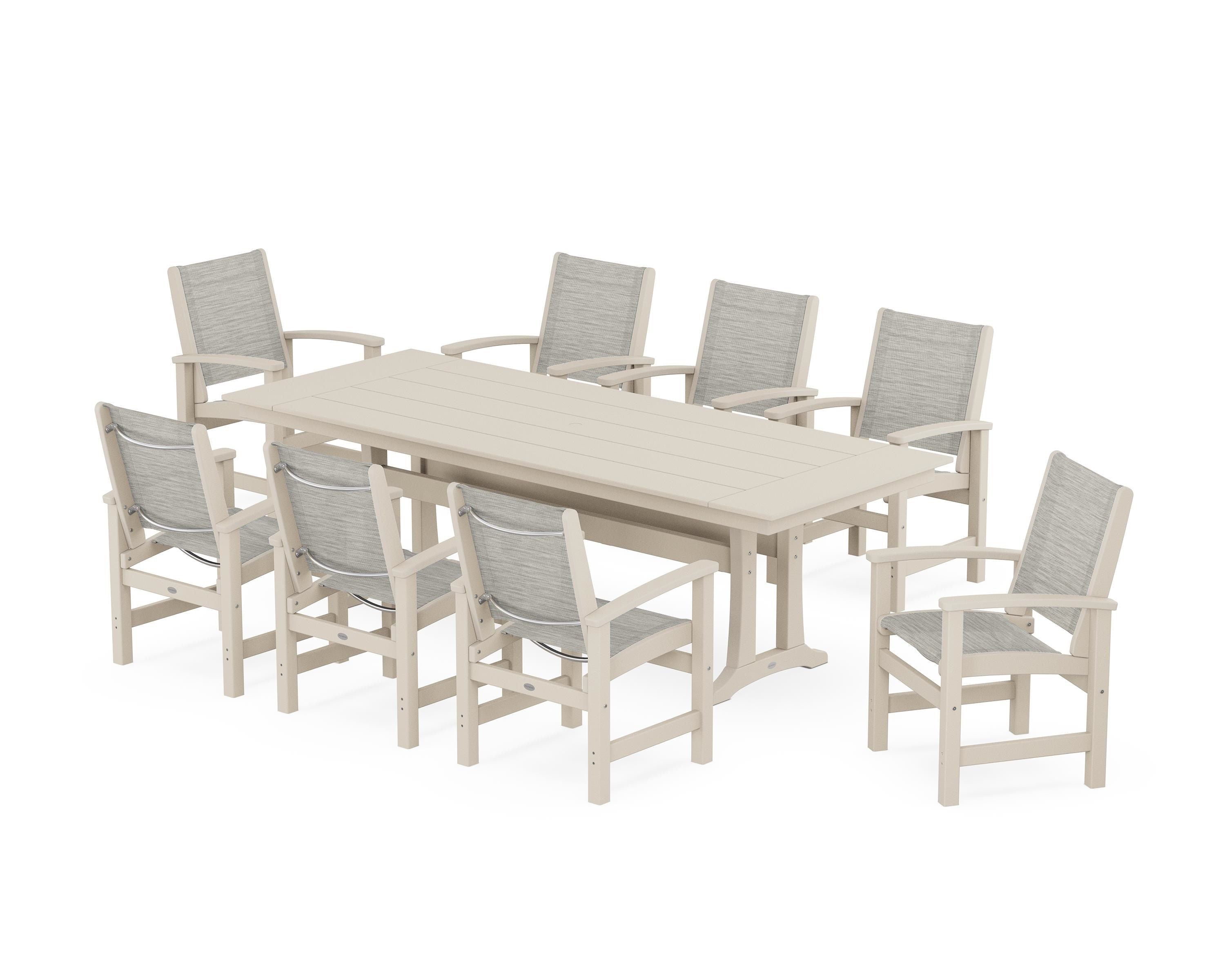 POLYWOOD Coastal 9-Piece Farmhouse Dining Set with Trestle Legs in Sand / Birch Sling