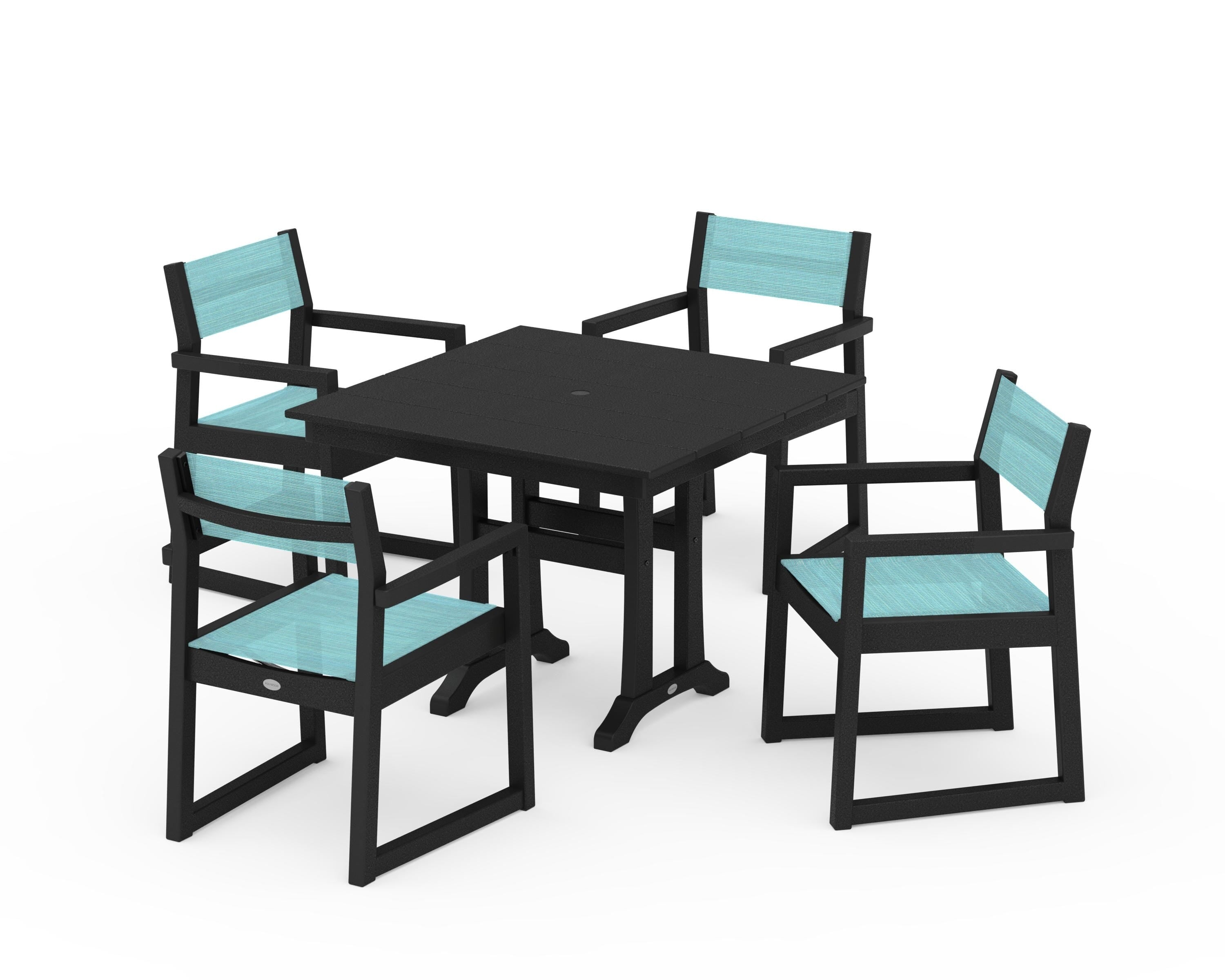 POLYWOOD EDGE Sling 5-Piece Farmhouse Dining Set with Trestle Legs in Black / Dupioni Aquamarine Sling