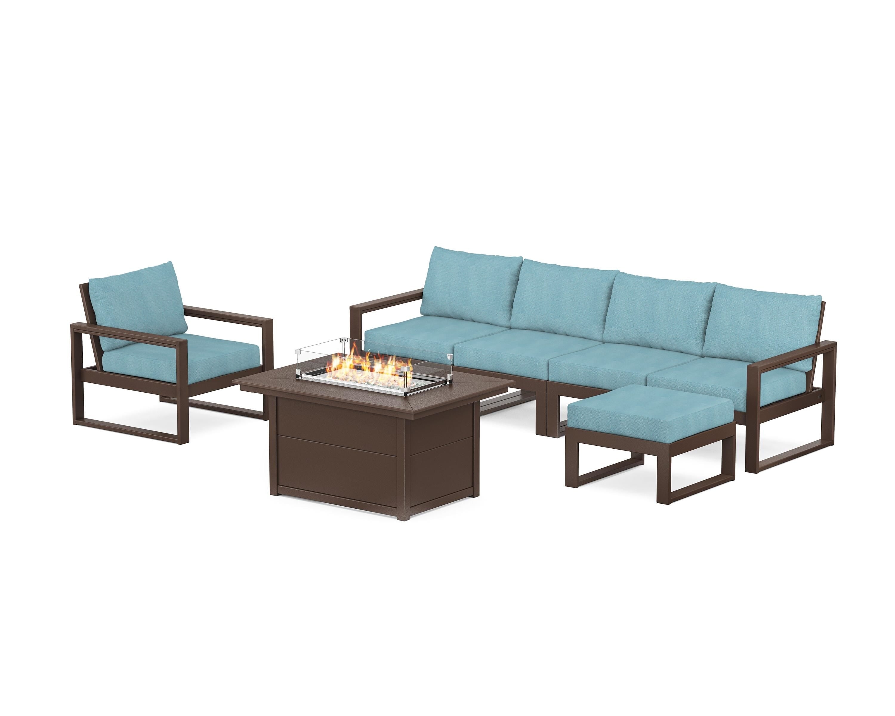 POLYWOOD EDGE Sectional Lounge and Fire Pit Set in Mahogany / Lattice Sky Blue
