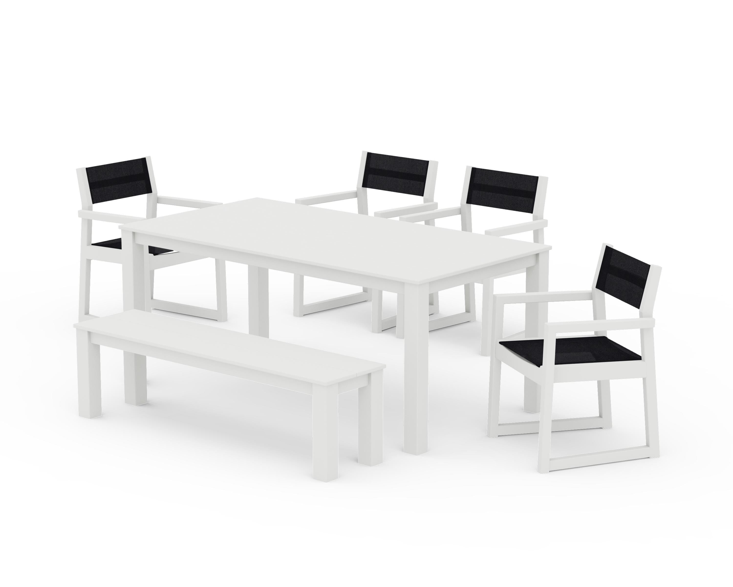 POLYWOOD EDGE Sling Arm Chair 6-Piece Parsons Dining Set with Bench in Vintage White / Black Sling