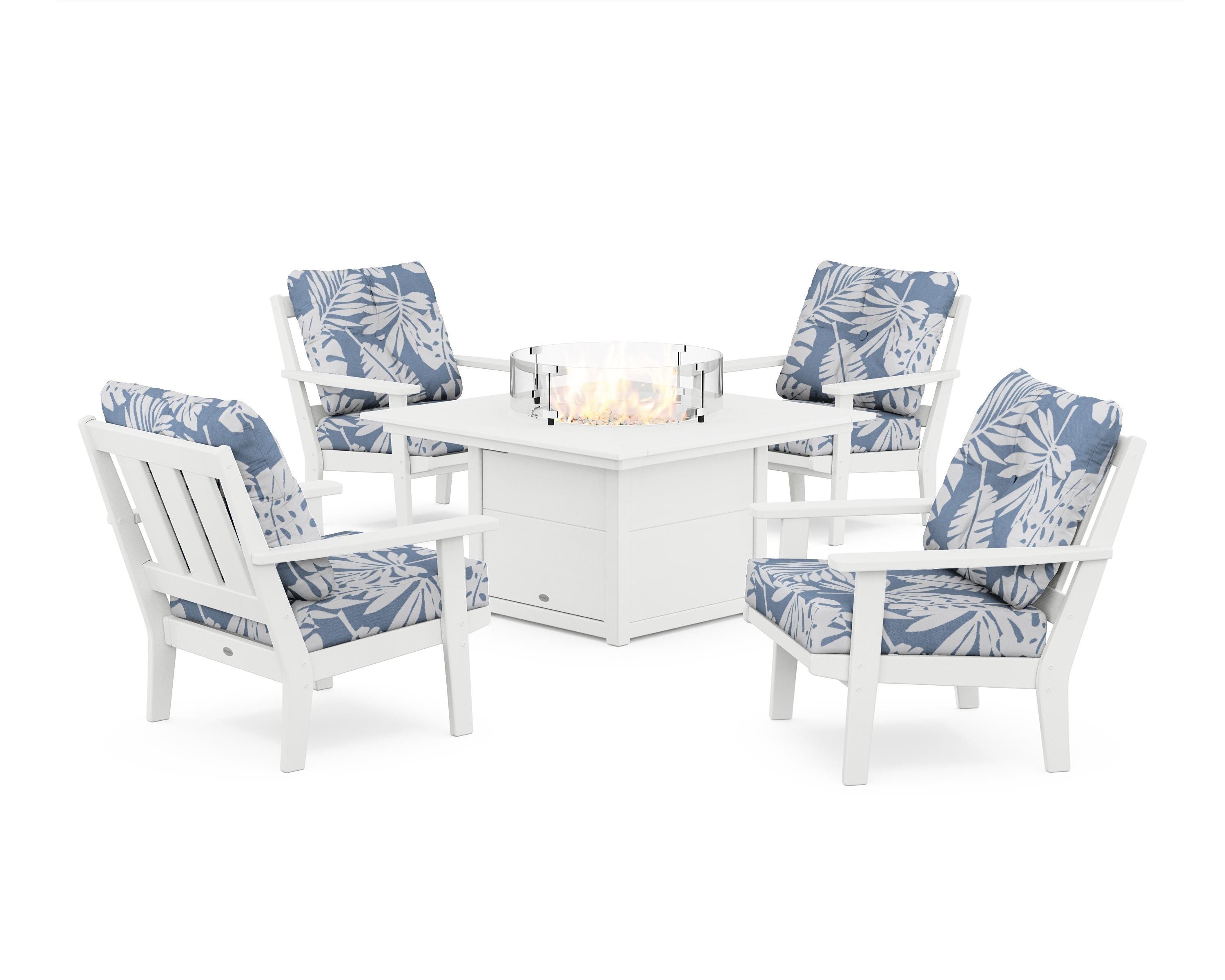 POLYWOOD Oxford 5-Piece Deep Seating Set with Fire Pit Table in White / Leaf Sky Blue
