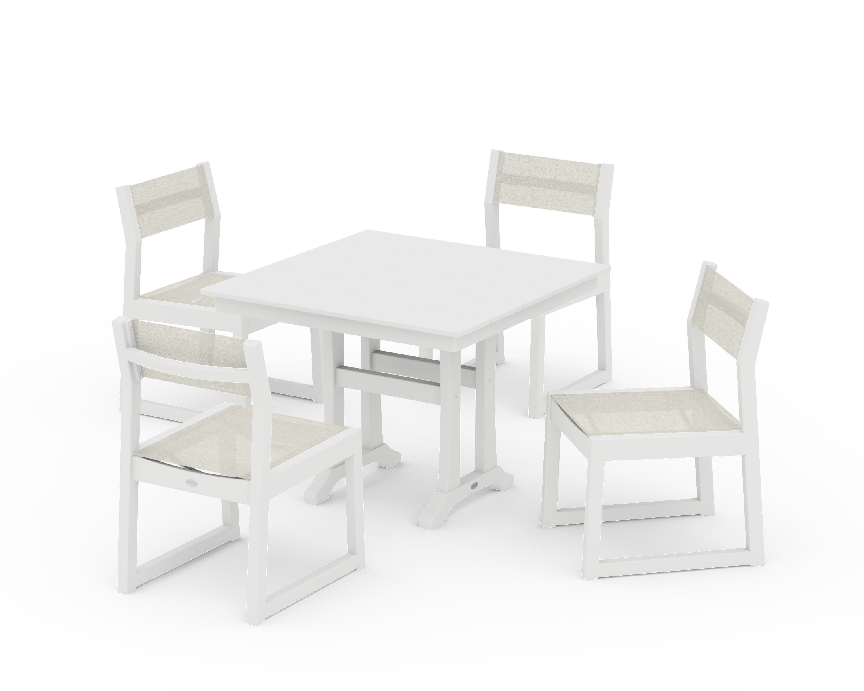 POLYWOOD EDGE Sling 5-Piece Farmhouse Trestle Side Chair Dining Set in White / Parchment Sling
