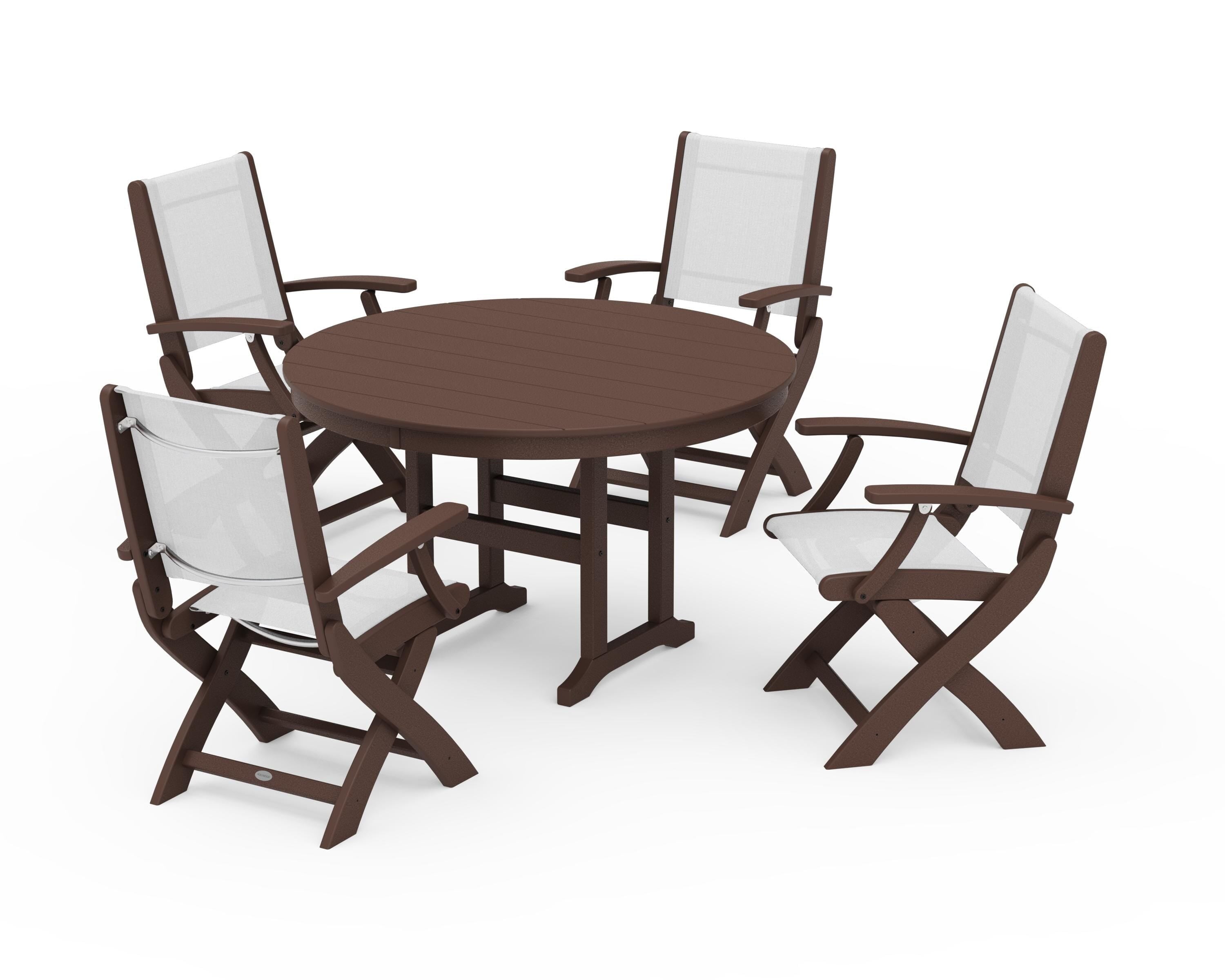 POLYWOOD Coastal Folding Chair 5-Piece Round Dining Set in Mahogany / White Sling