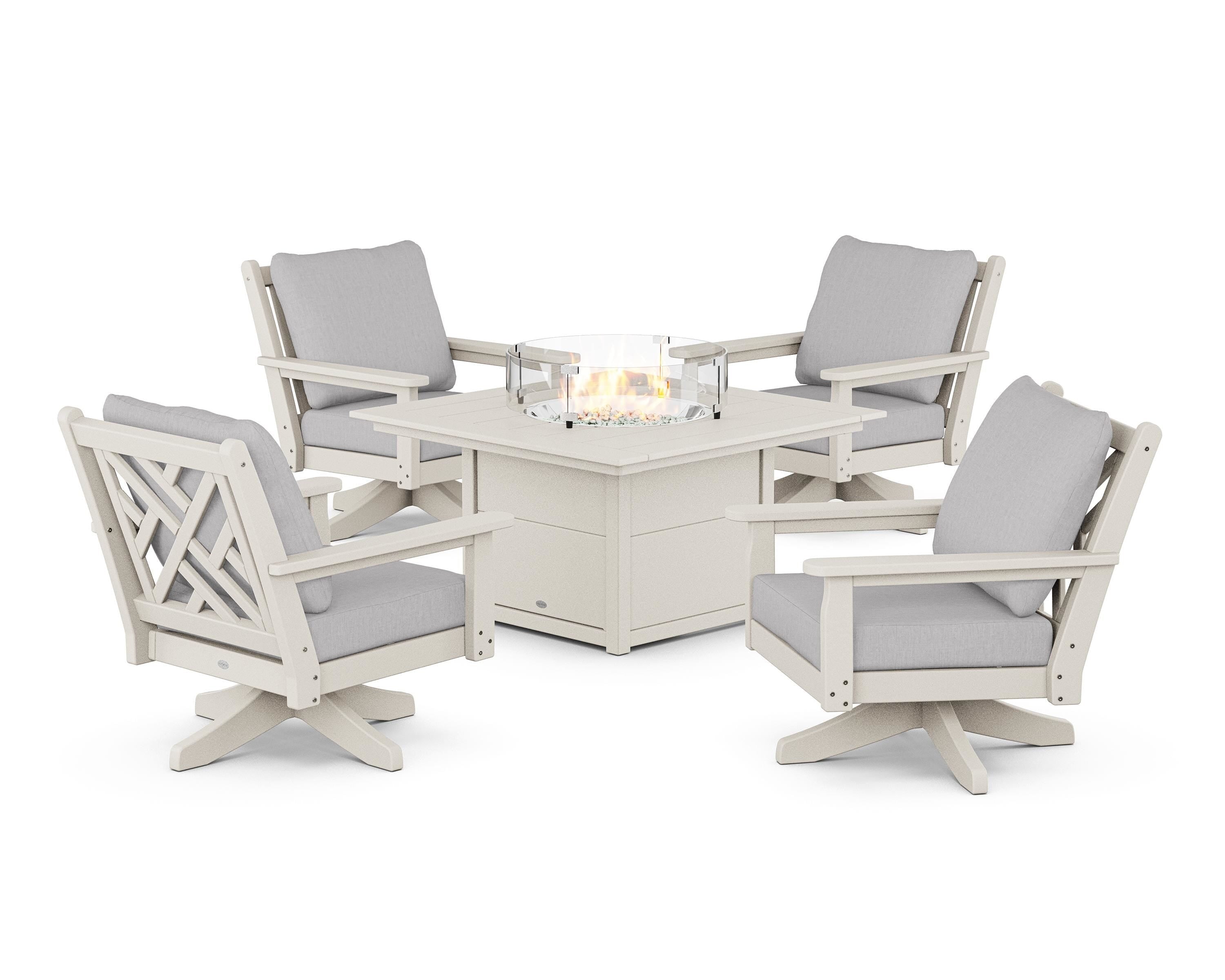 POLYWOOD Chippendale 5-Piece Deep Seating Swivel Conversation Set with Fire Pit Table in Sand / Granite