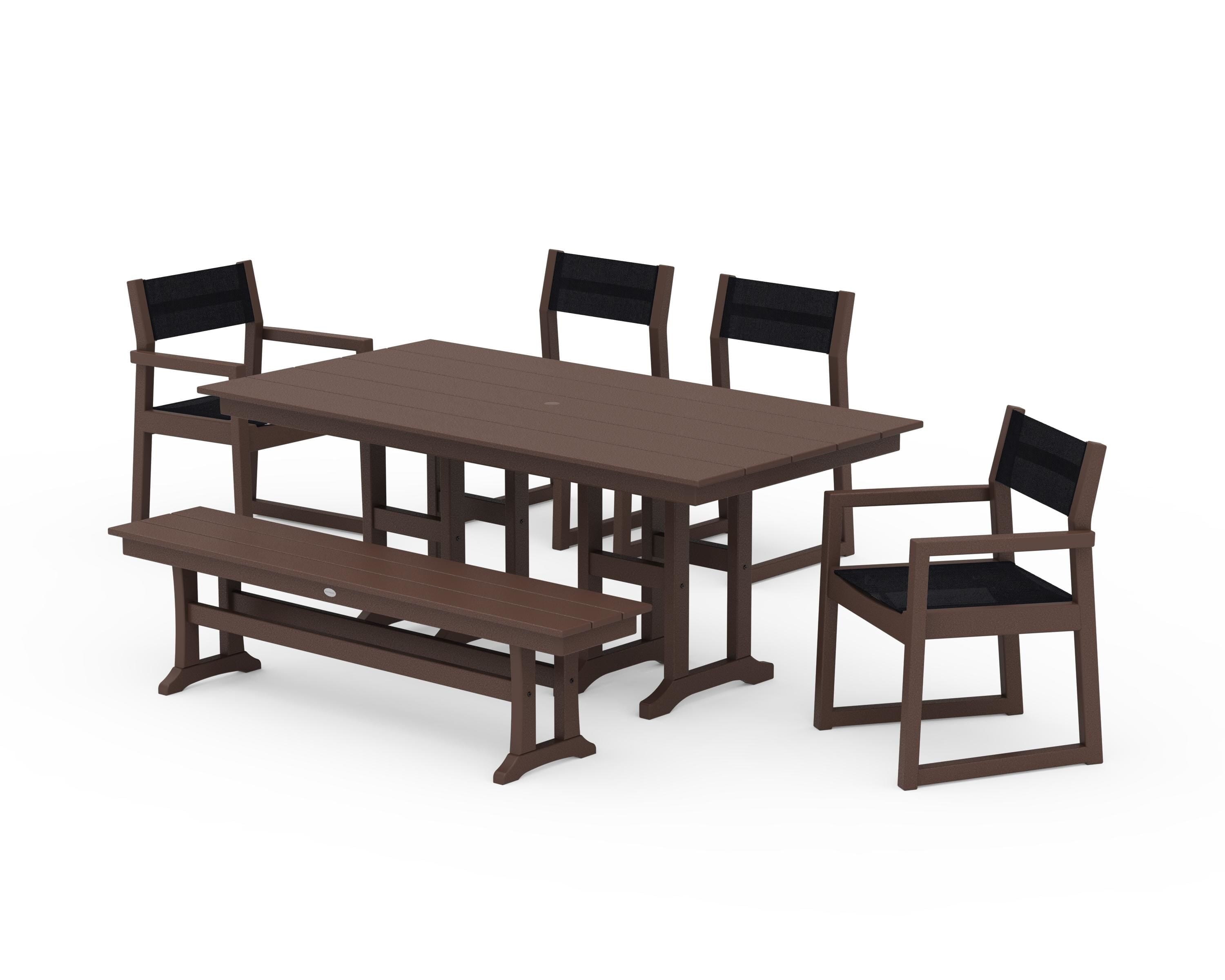POLYWOOD EDGE Sling 6-Piece Farmhouse Dining Set in Mahogany / Black Sling