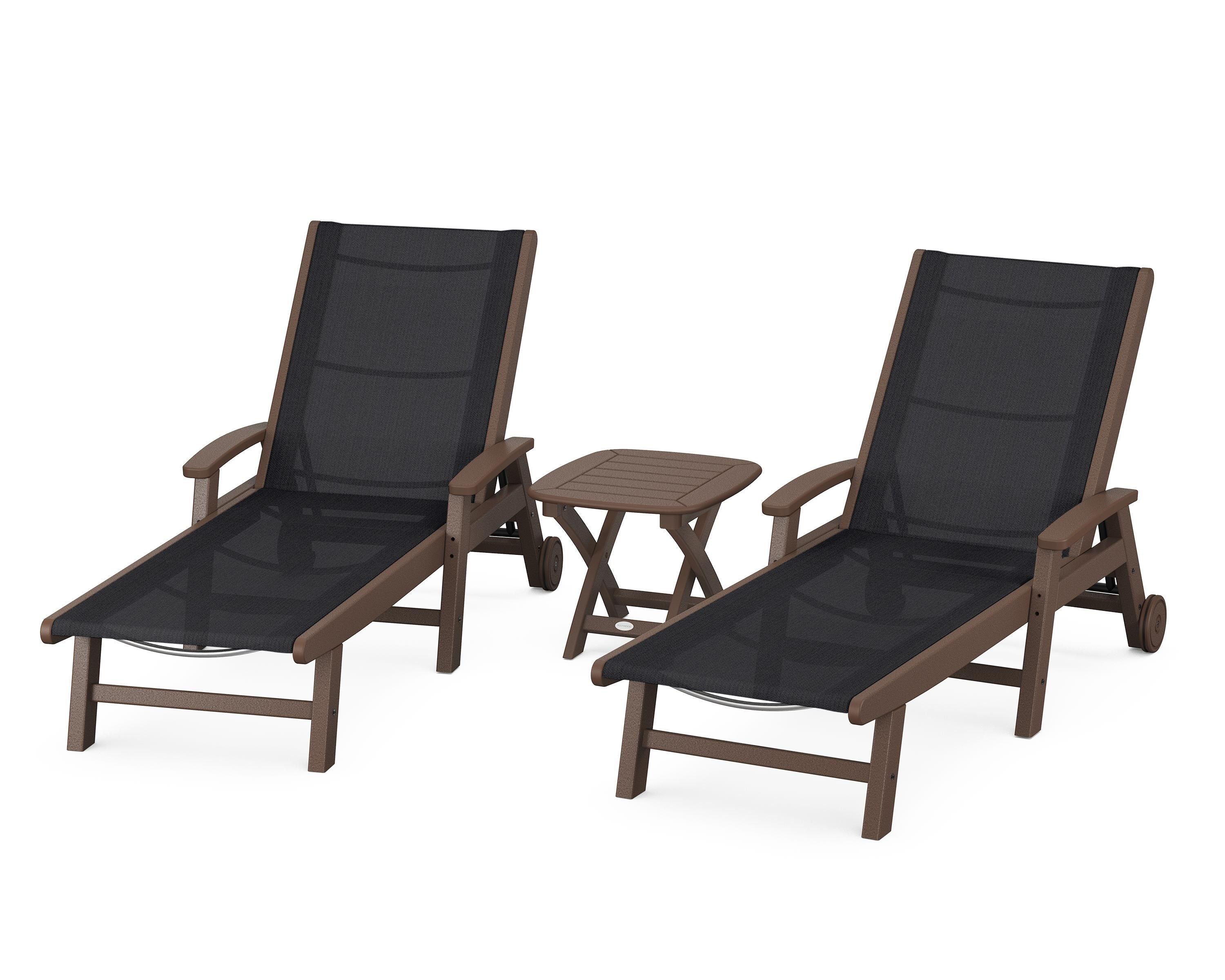 POLYWOOD Coastal 3-Piece Wheeled Chaise Set in Mahogany / Black Sling