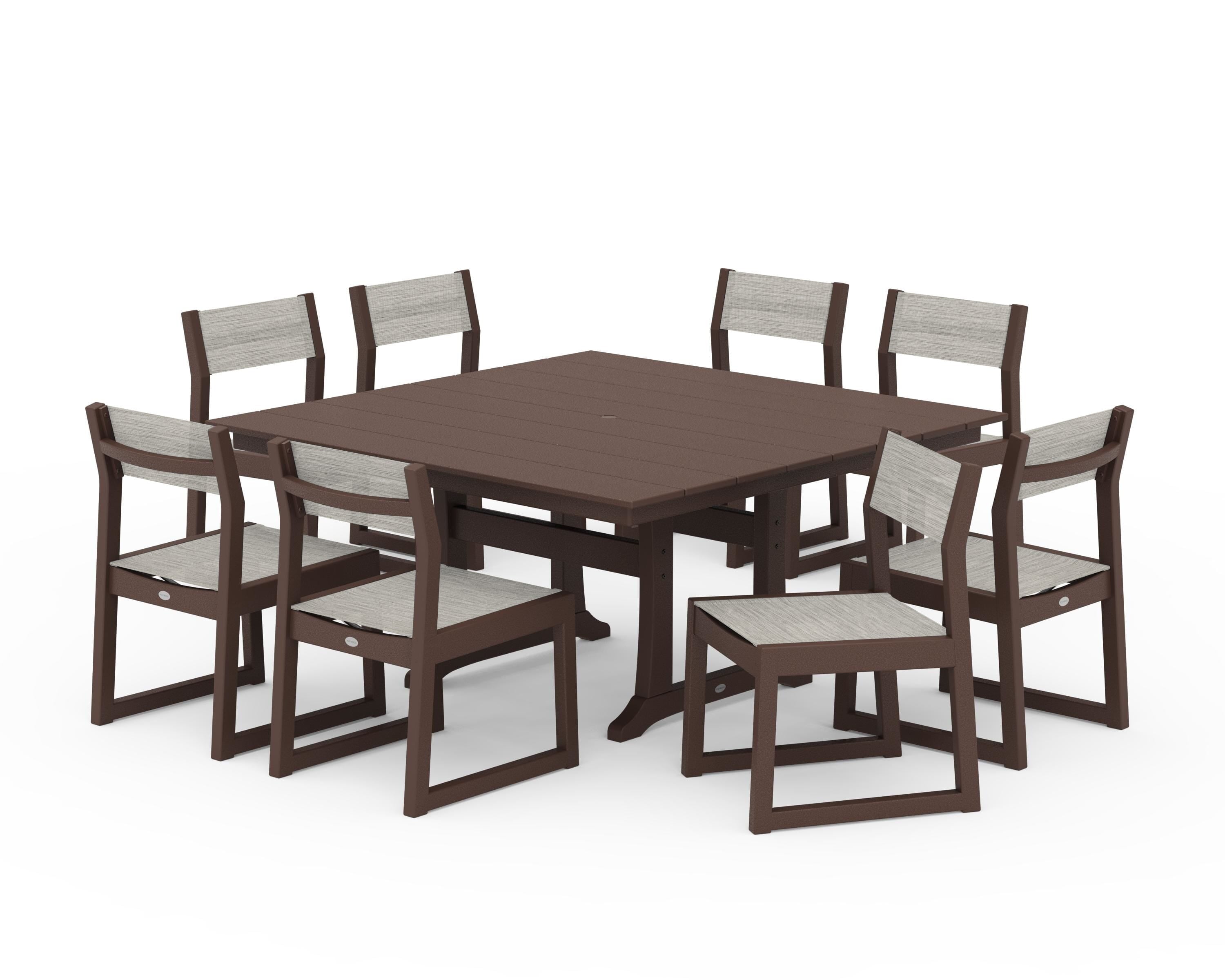 POLYWOOD EDGE Sling Side Chair 9-Piece Farmhouse Trestle Dining Set in Mahogany / Birch Sling