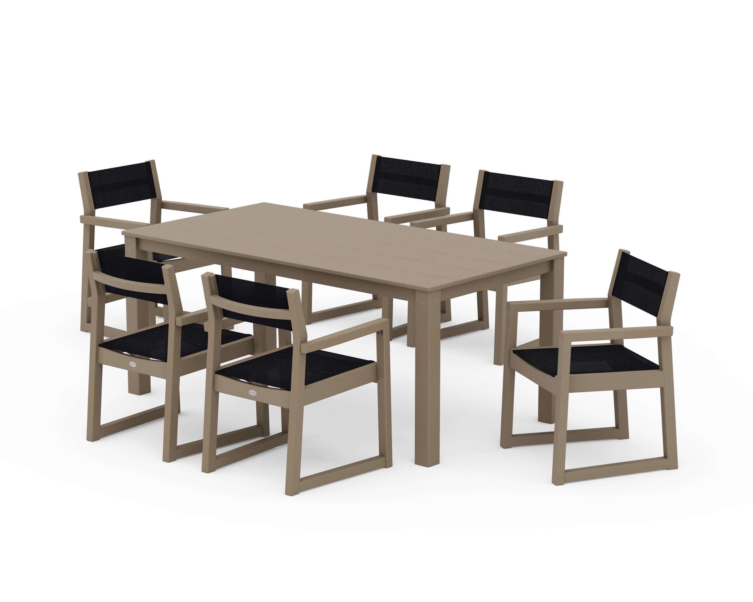POLYWOOD EDGE Sling Arm Chair 7-Piece Parsons Dining Set in Vintage Sahara / Black Sling