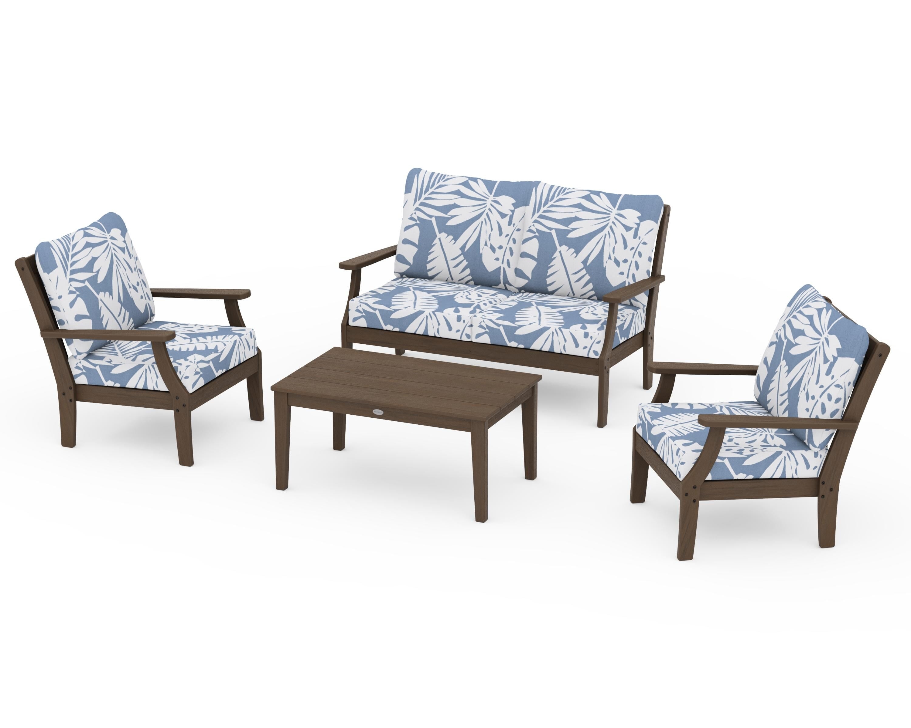 POLYWOOD Braxton 4-Piece Deep Seating Chair Set in Kona / Leaf Sky Blue