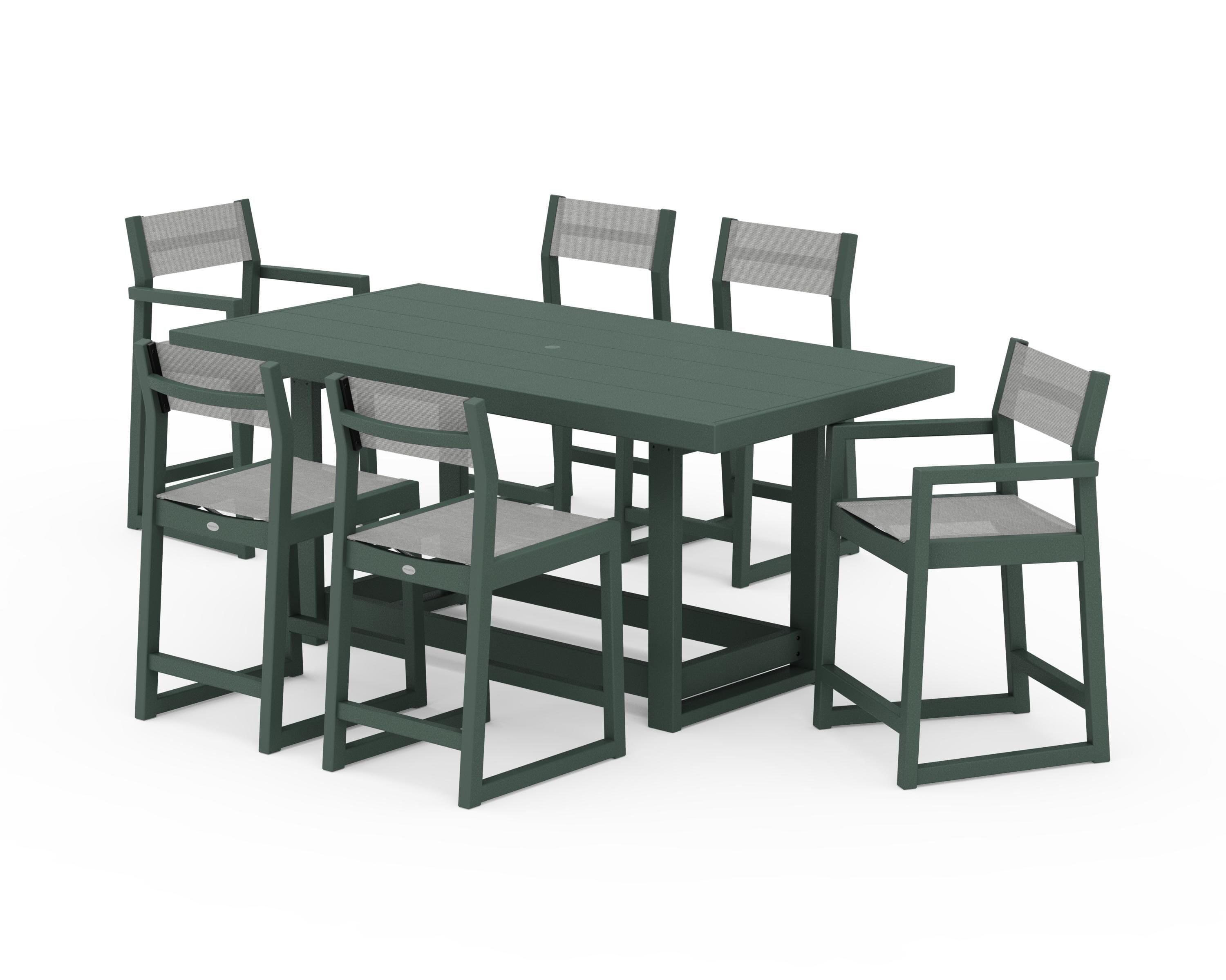 POLYWOOD EDGE Sling 7-Piece Counter Table Set in Green / Metallic Sling