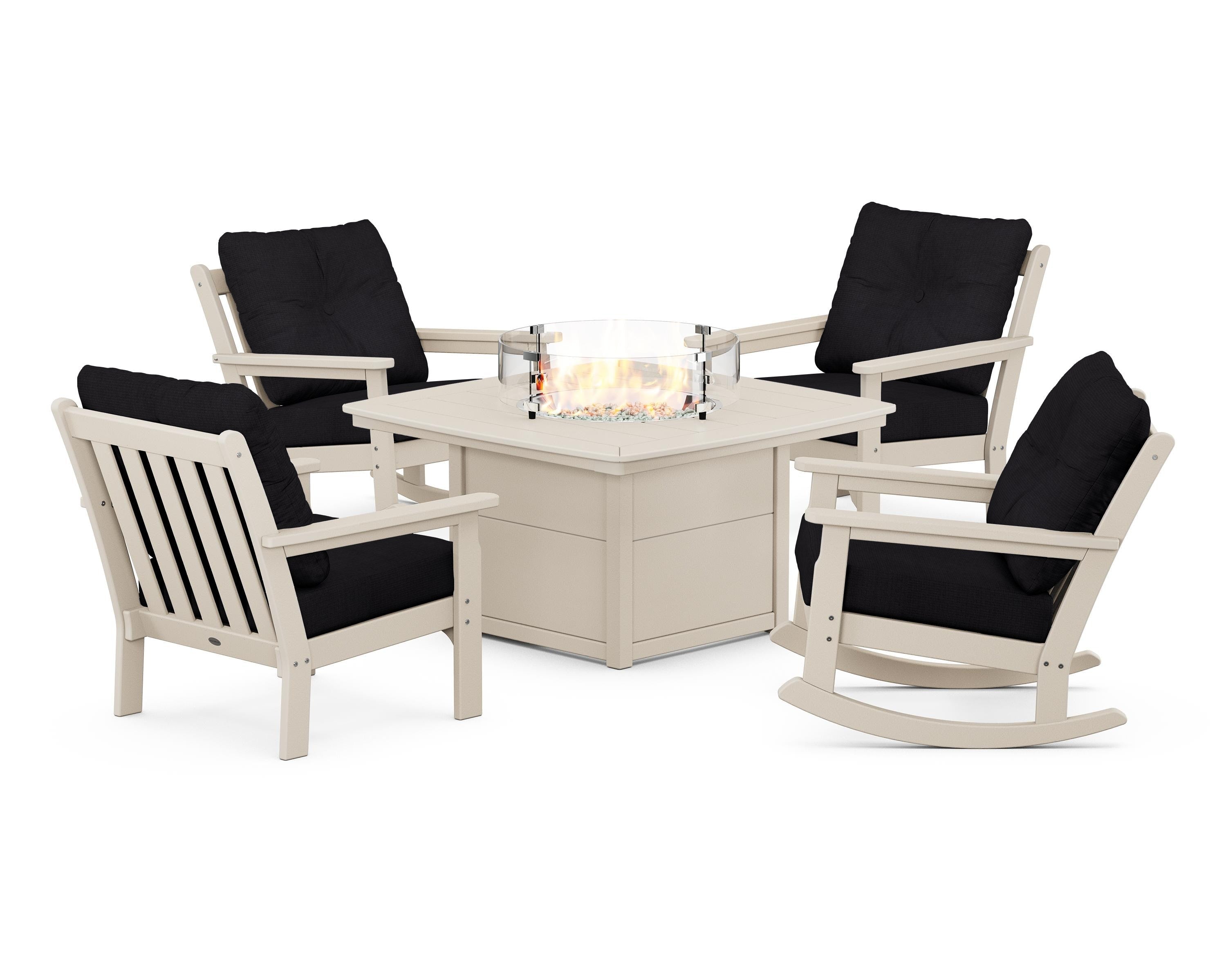 POLYWOOD Vineyard 5-Piece Deep Seating Rocking Chair Conversation Set with Fire Pit Table in Sand / Midnight Linen