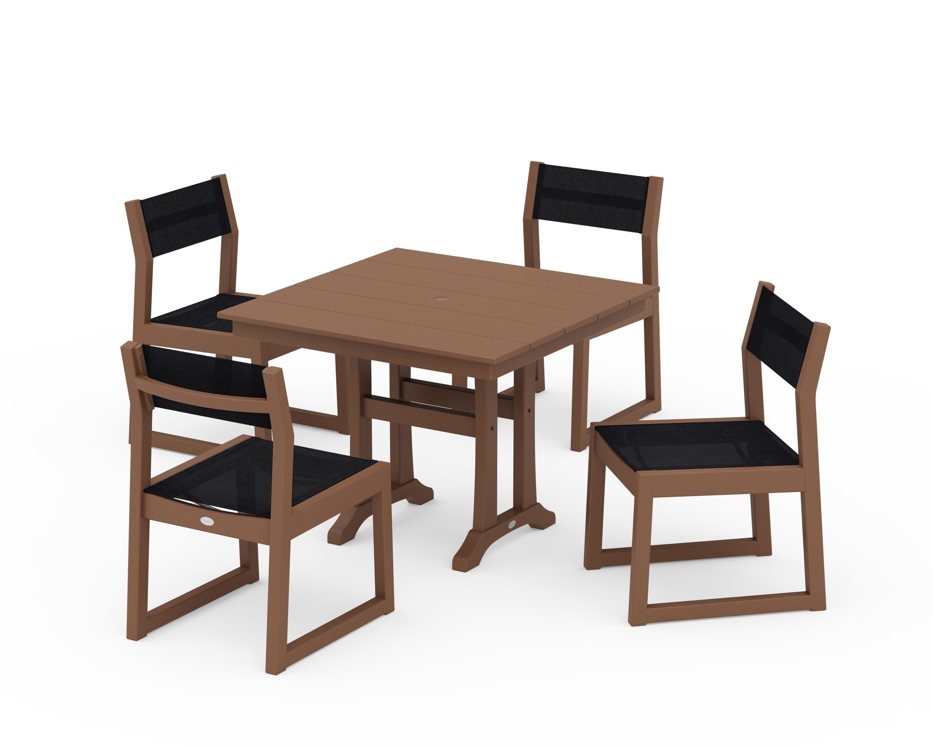 POLYWOOD EDGE Sling 5-Piece Farmhouse Trestle Side Chair Dining Set in Teak / Black Sling